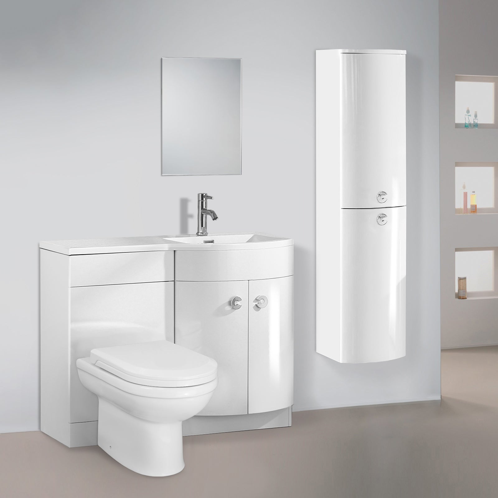 Dene Right Hand 1100mm White  Vanity Basin Unit White + Back to Wall Toilet & Wall Hung Cabinet