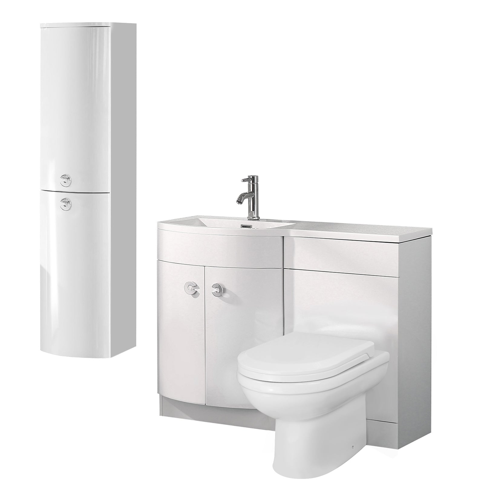 Dene Left Hand 1100mm White Vanity Basin Unit White + Back to Wall Toilet & Wall Hung Cabinet