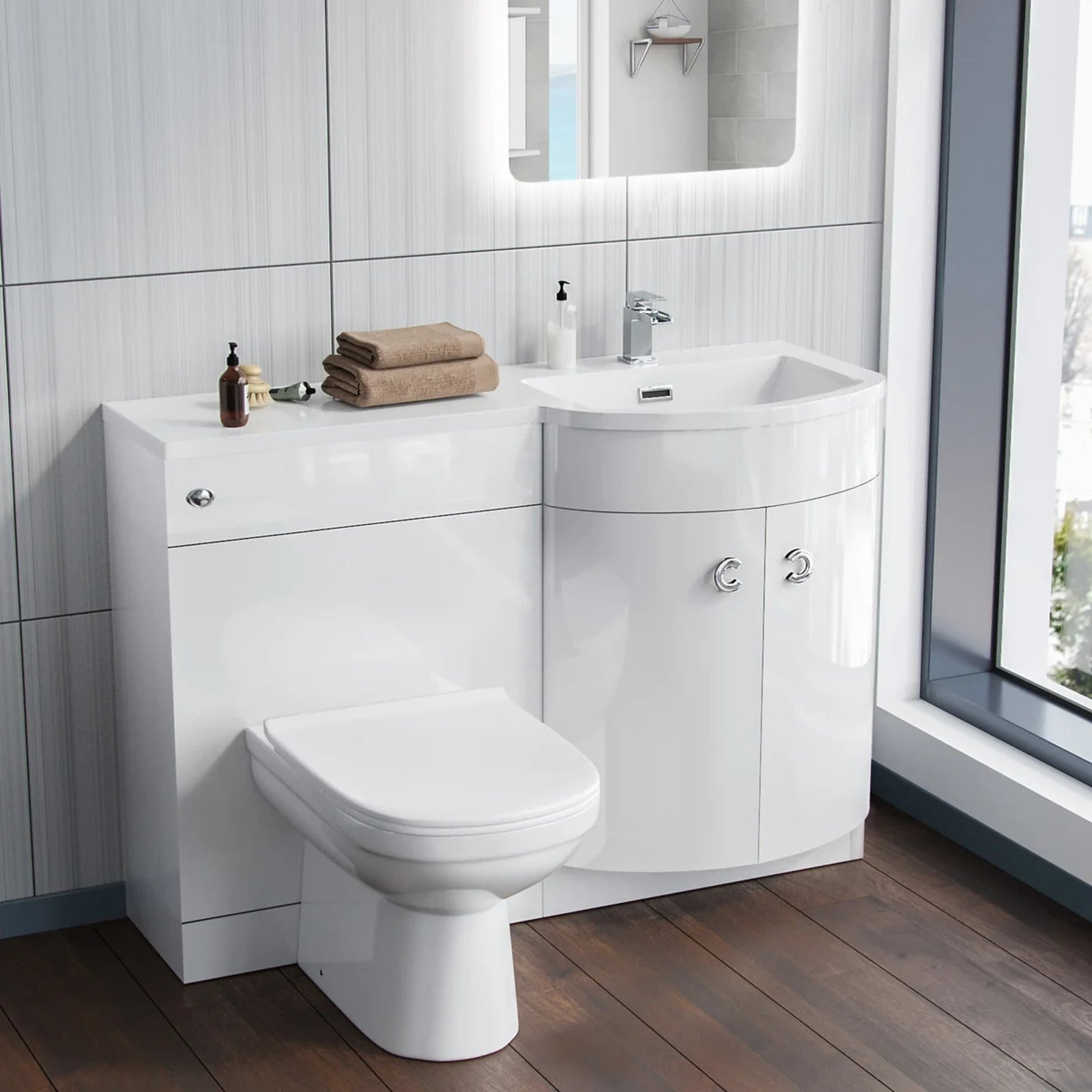 Dene 1100mm RH White Basin Vanity Flat Pack, WC Unit and BTW Toilet