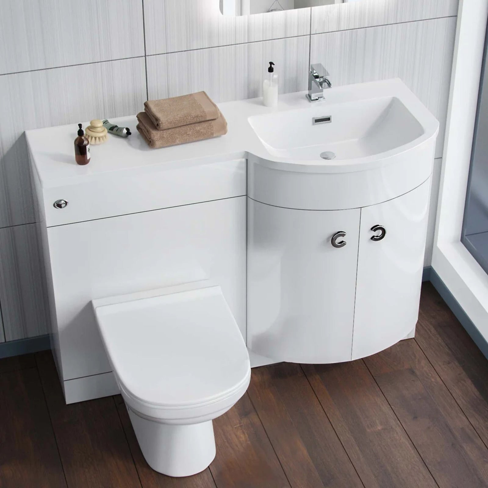 Dene 1100mm RH White Basin Vanity Flat Pack, WC Unit and BTW Toilet