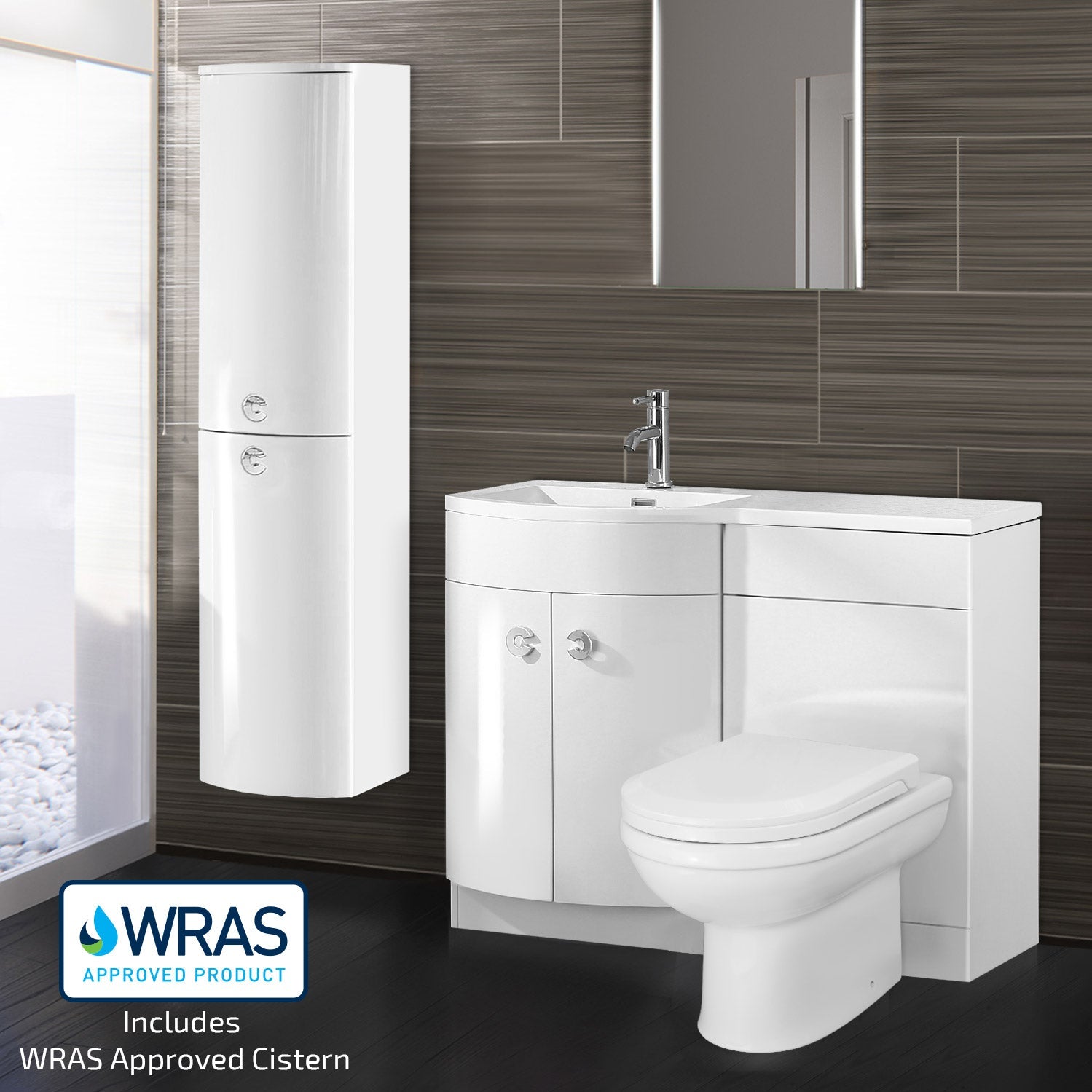 Dene Left Hand 1100mm White Vanity Basin Unit White + Back to Wall Toilet & Wall Hung Cabinet