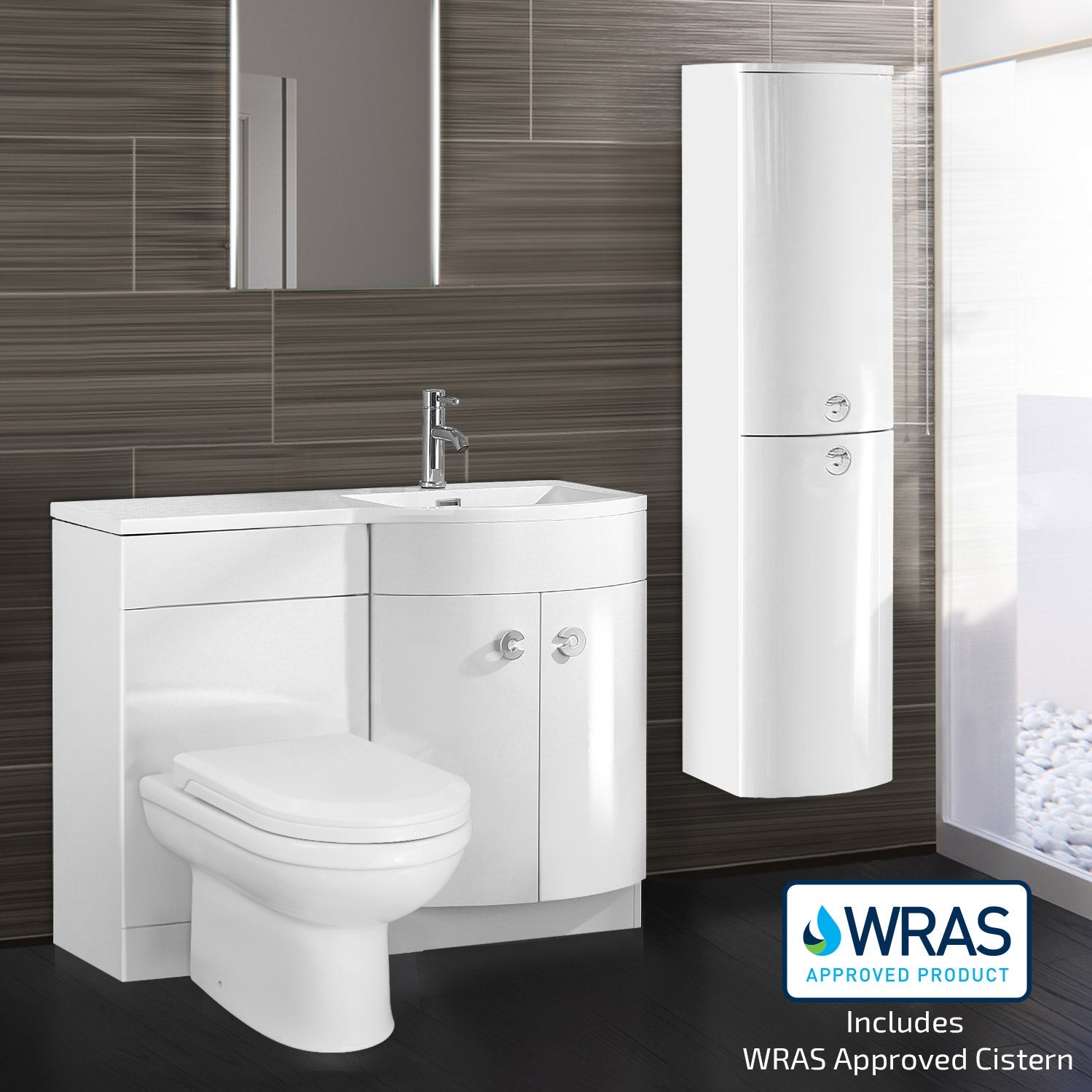 Dene Right Hand 1100mm White  Vanity Basin Unit White + Back to Wall Toilet & Wall Hung Cabinet