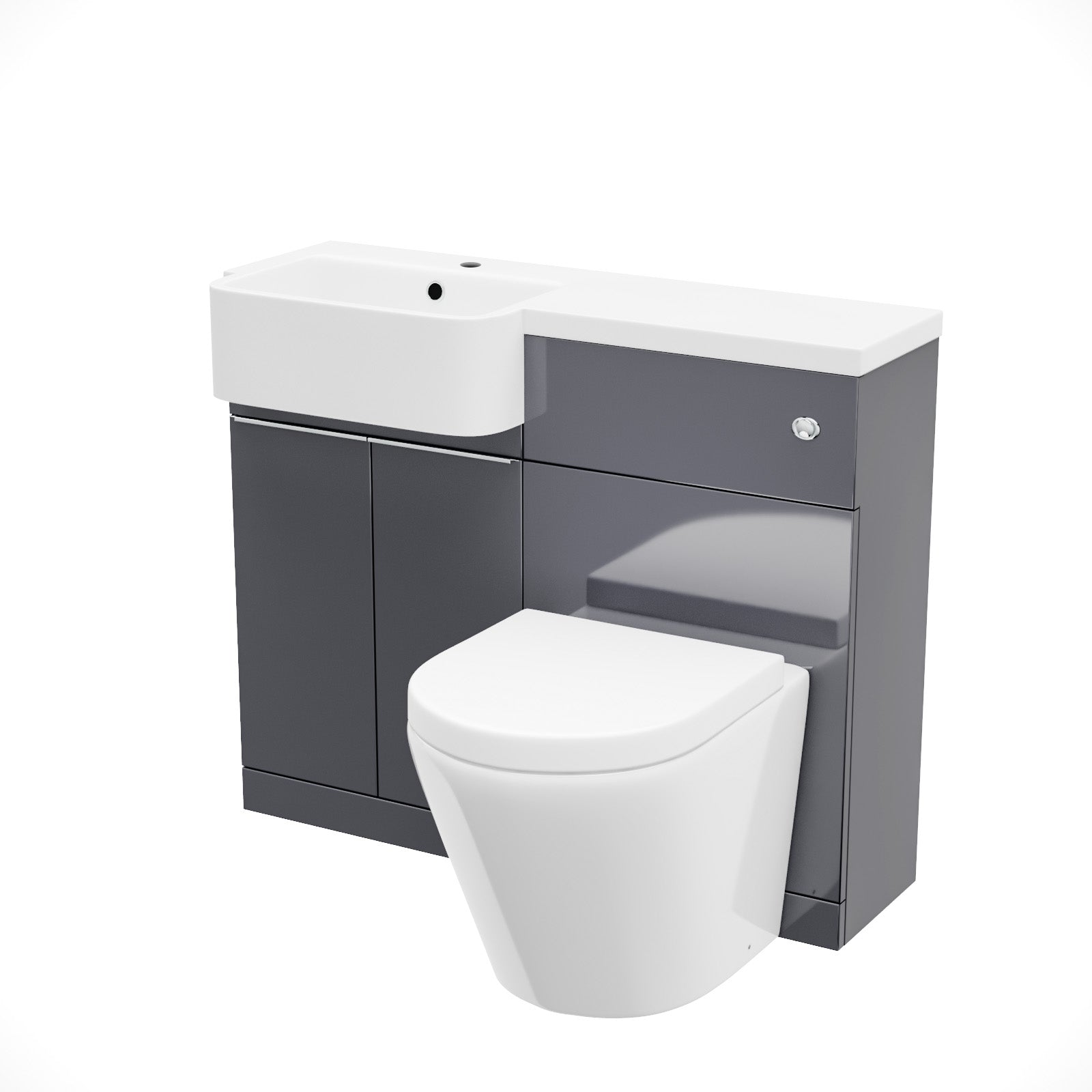 Bathroom vanity unit with sink and toilet on a white background