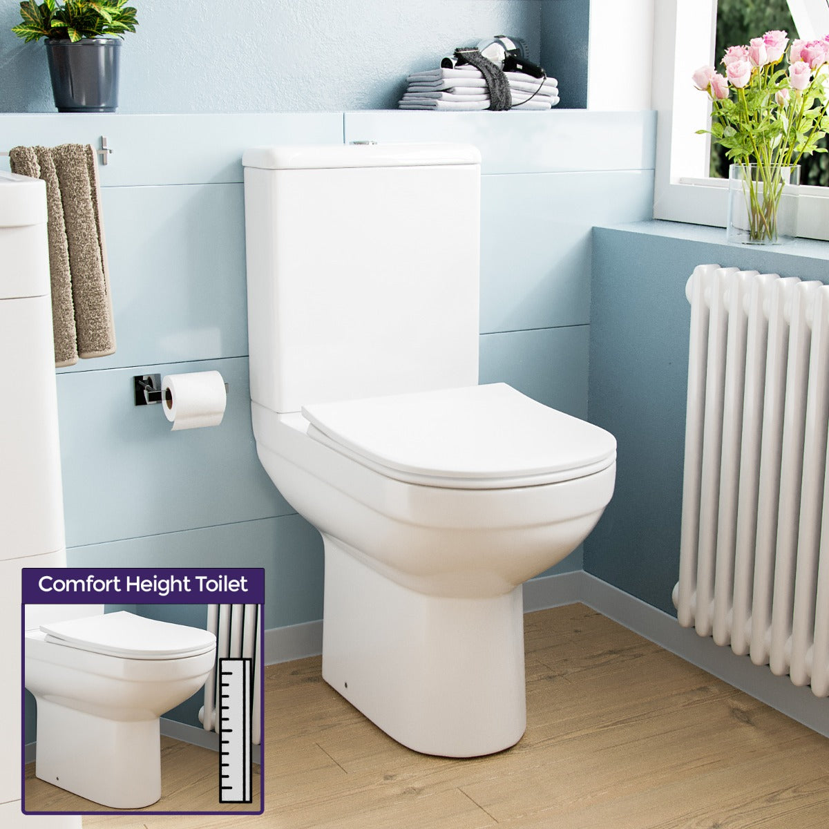 Deyed Comfort Height Close Coupled Toilet Pan, Cistern and Soft Close Toilet Seat