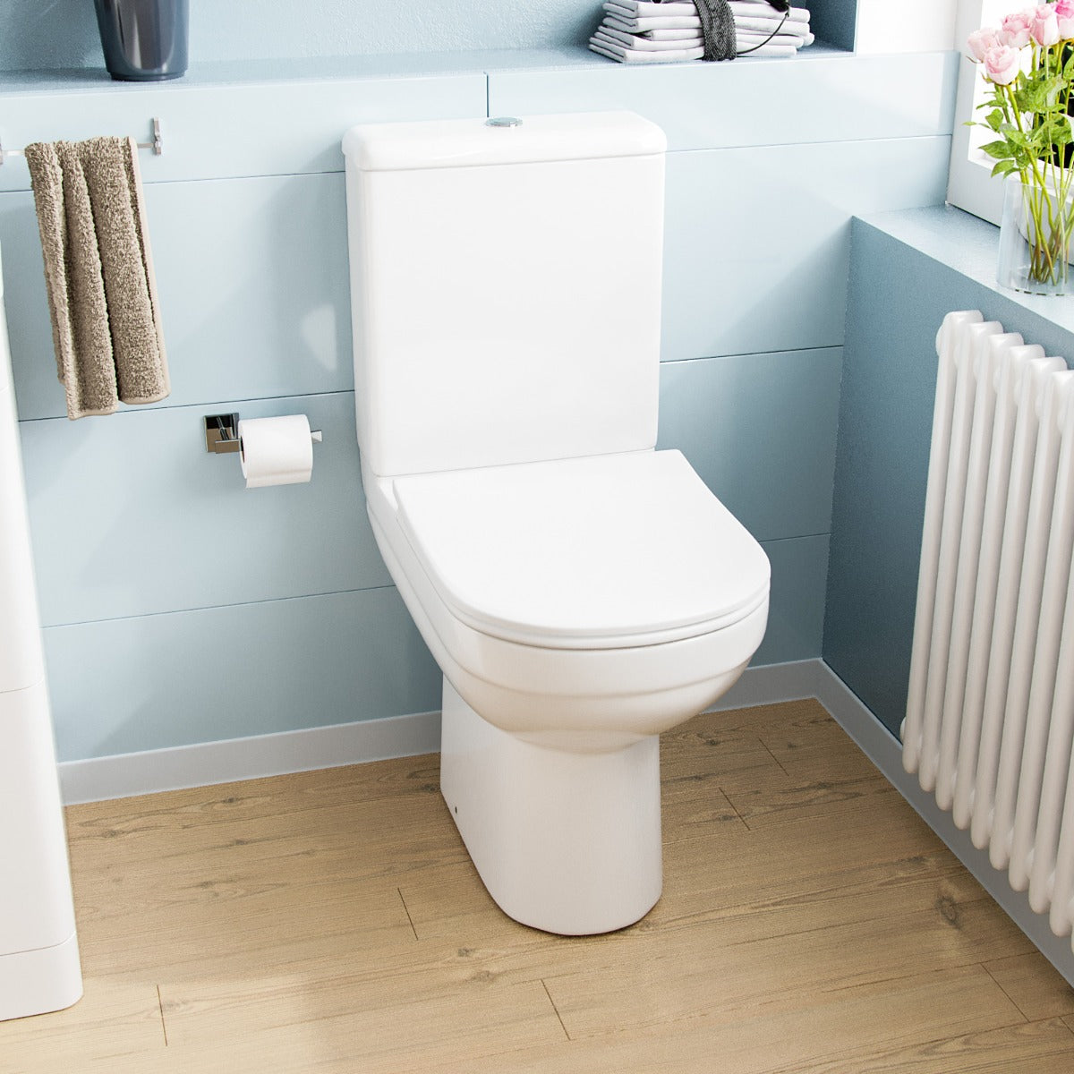Deyed Comfort Height Close Coupled Toilet Pan, Cistern and Soft Close Toilet Seat