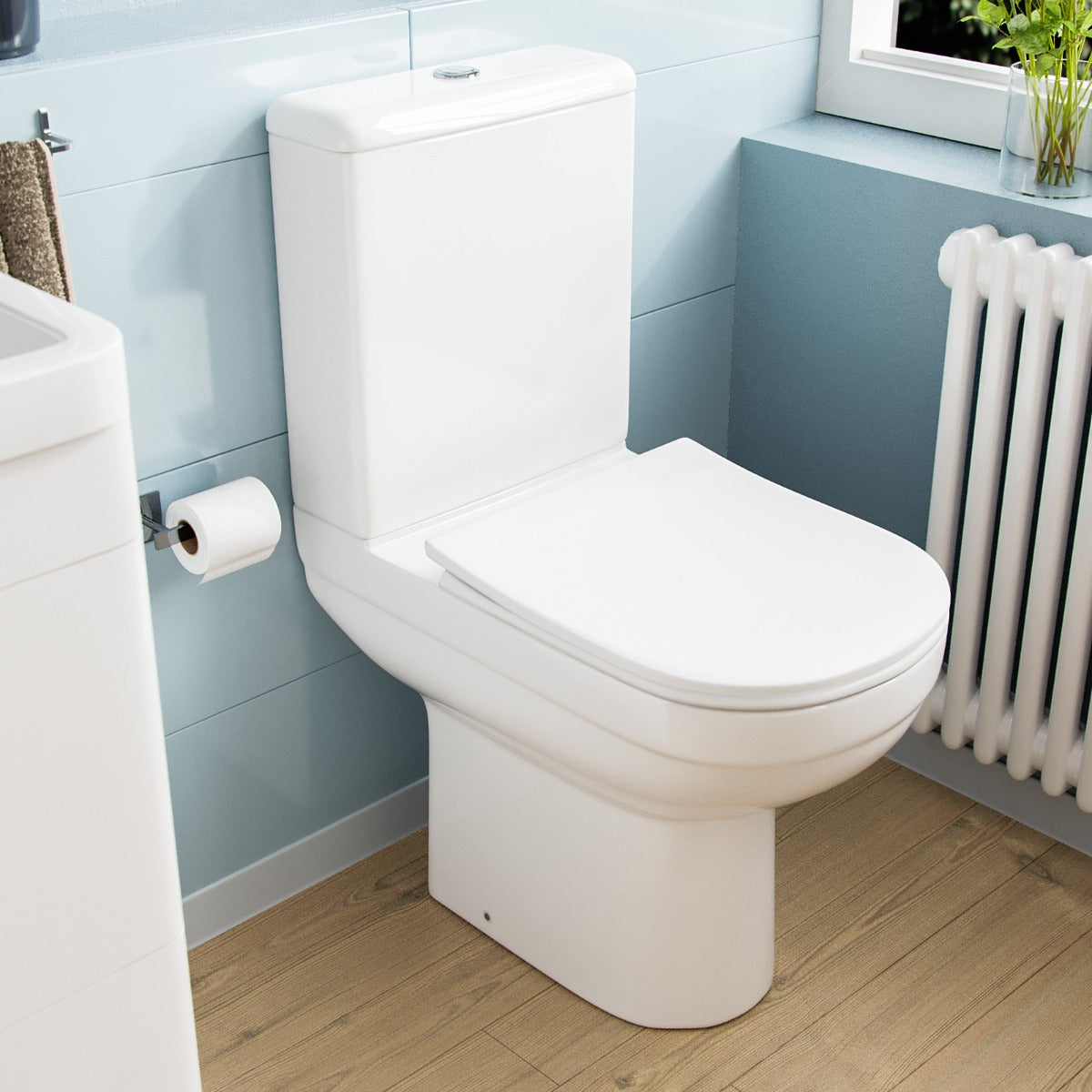Deyed Comfort Height Close Coupled Toilet Pan, Cistern and Soft Close Toilet Seat