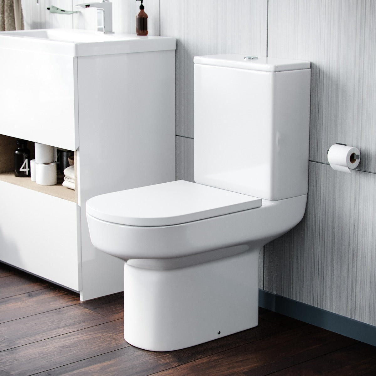 Modern Rimless Close Coupled Toilet and Cistern Soft Close Seat WC