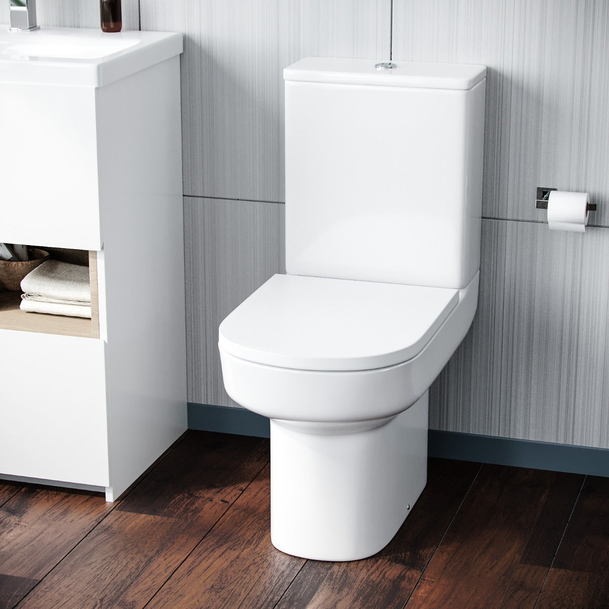Modern Rimless Close Coupled Toilet and Cistern Soft Close Seat WC