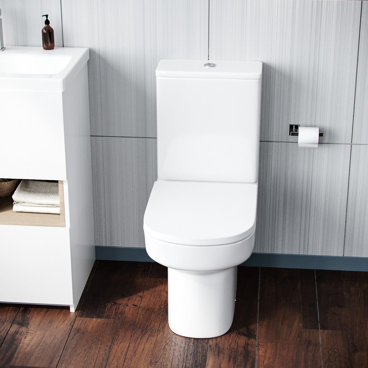 Modern Rimless Close Coupled Toilet and Cistern Soft Close Seat WC