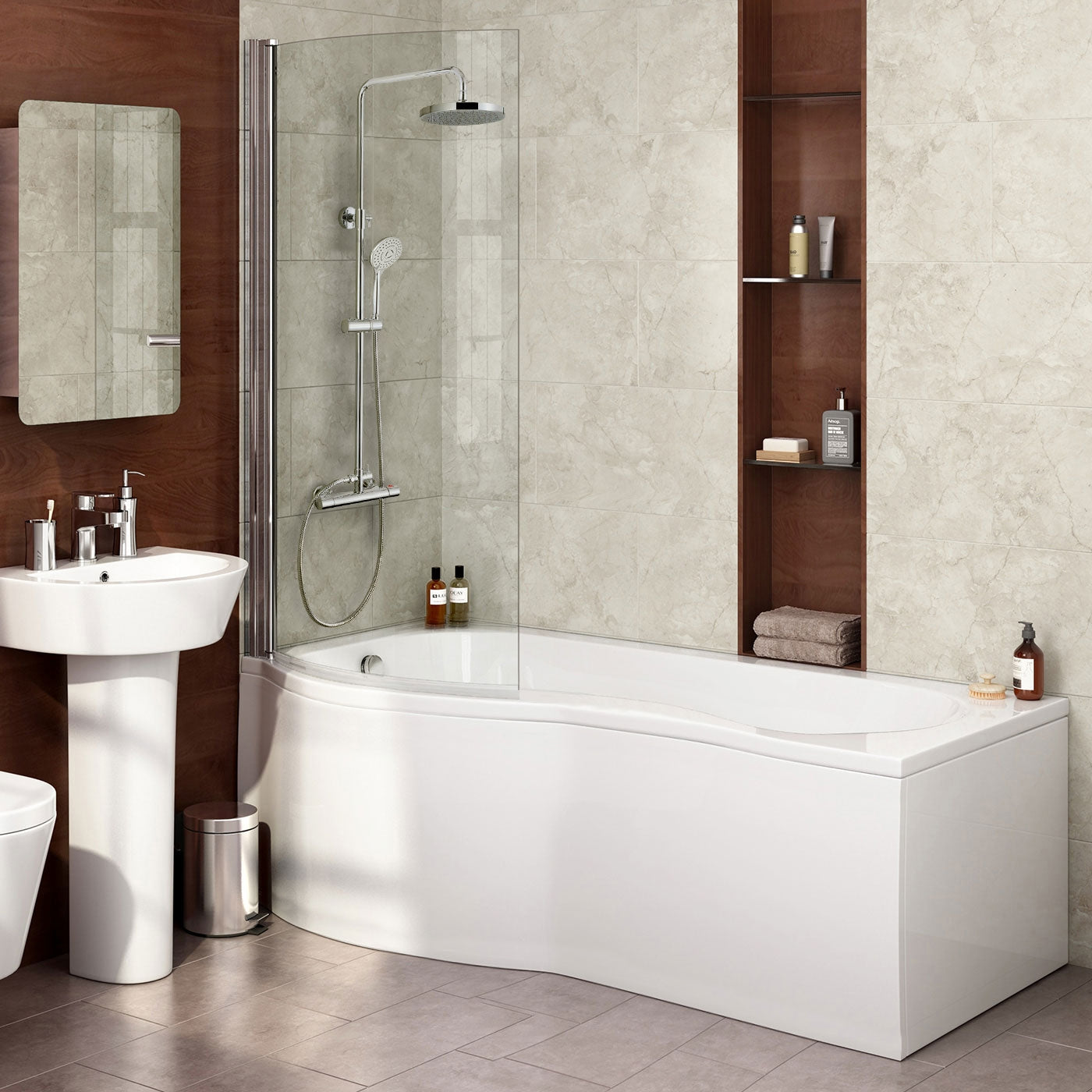 Diamond 1700 x 700mm P-Shaped Shower Bath with Bath Screen Left Hand