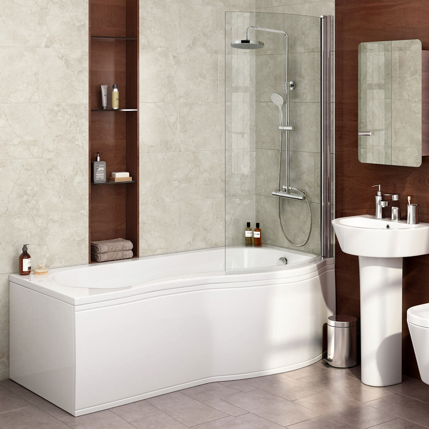 Diamond 1700 x 700mm P-Shaped Modern Shower Bath with Screen & Front Panel Right Hand