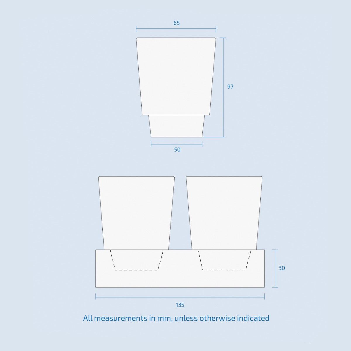 Measurement chart of a product with dimensions in millimeters on a light blue background