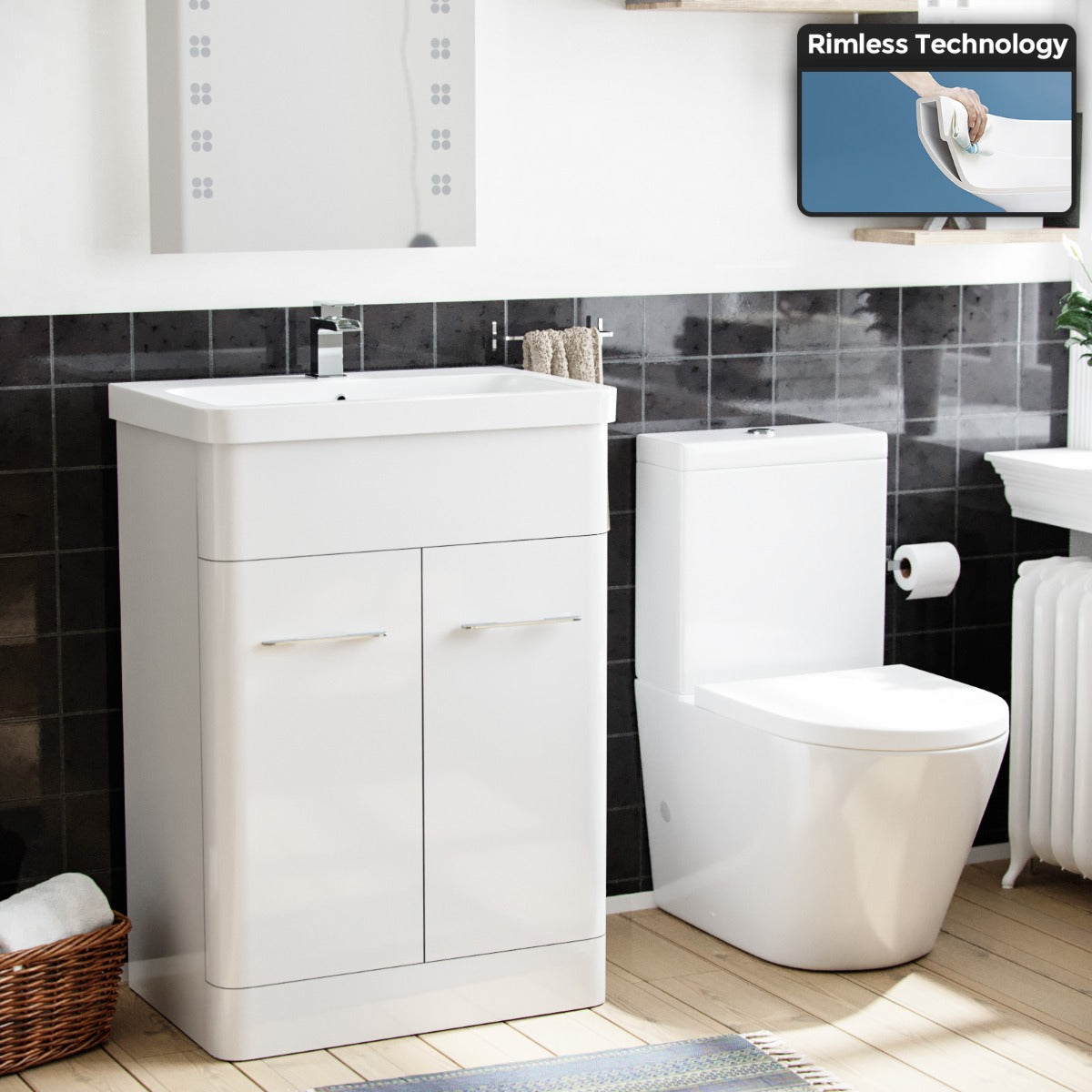 Afern 600mm Vanity Basin Unit & Rimless Close Coupled Toilet White