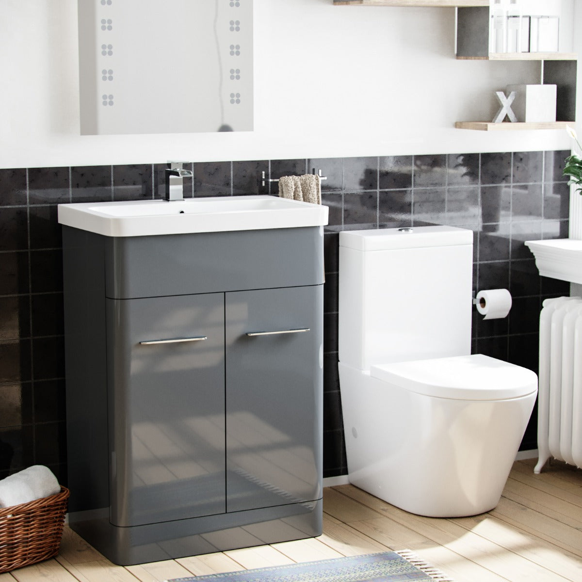 Afern 600mm Vanity Basin Unit & Rimless Close Coupled Toilet Grey