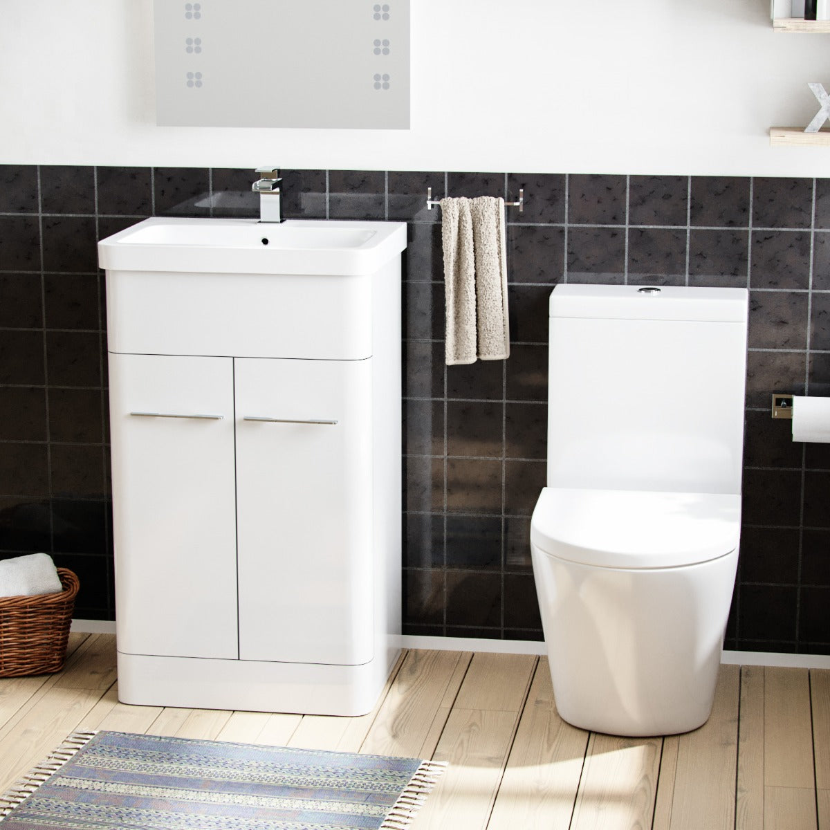 Afern 500mm Vanity Basin Unit & Rimless Close Coupled Toilet White