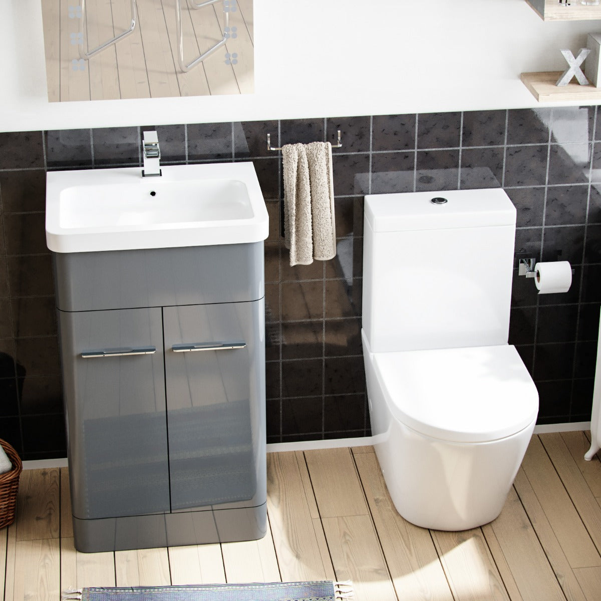 Afern 500mm Vanity Basin Unit & Rimless Close Coupled Toilet Grey