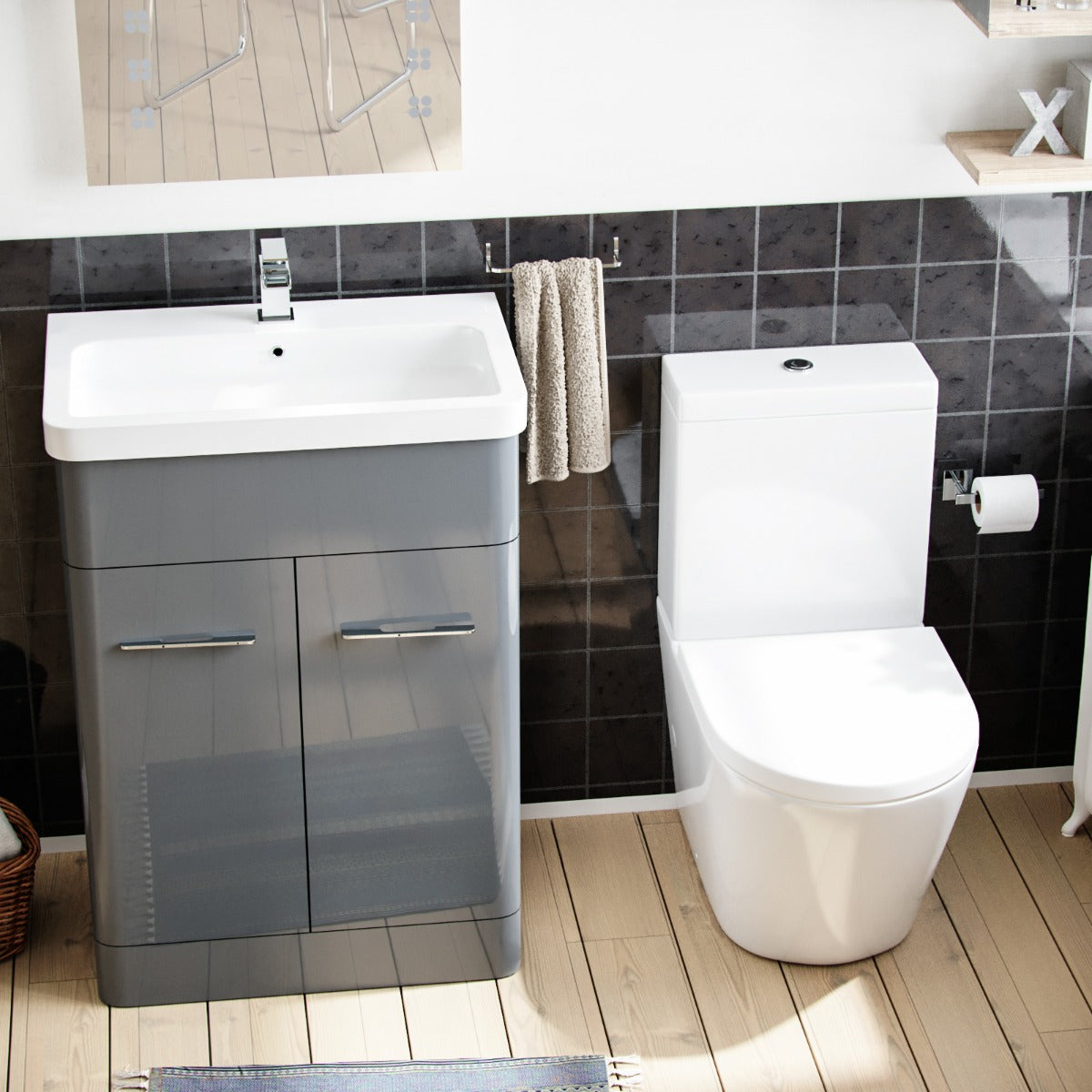 Afern 600mm Vanity Basin Unit & Rimless Close Coupled Toilet Grey
