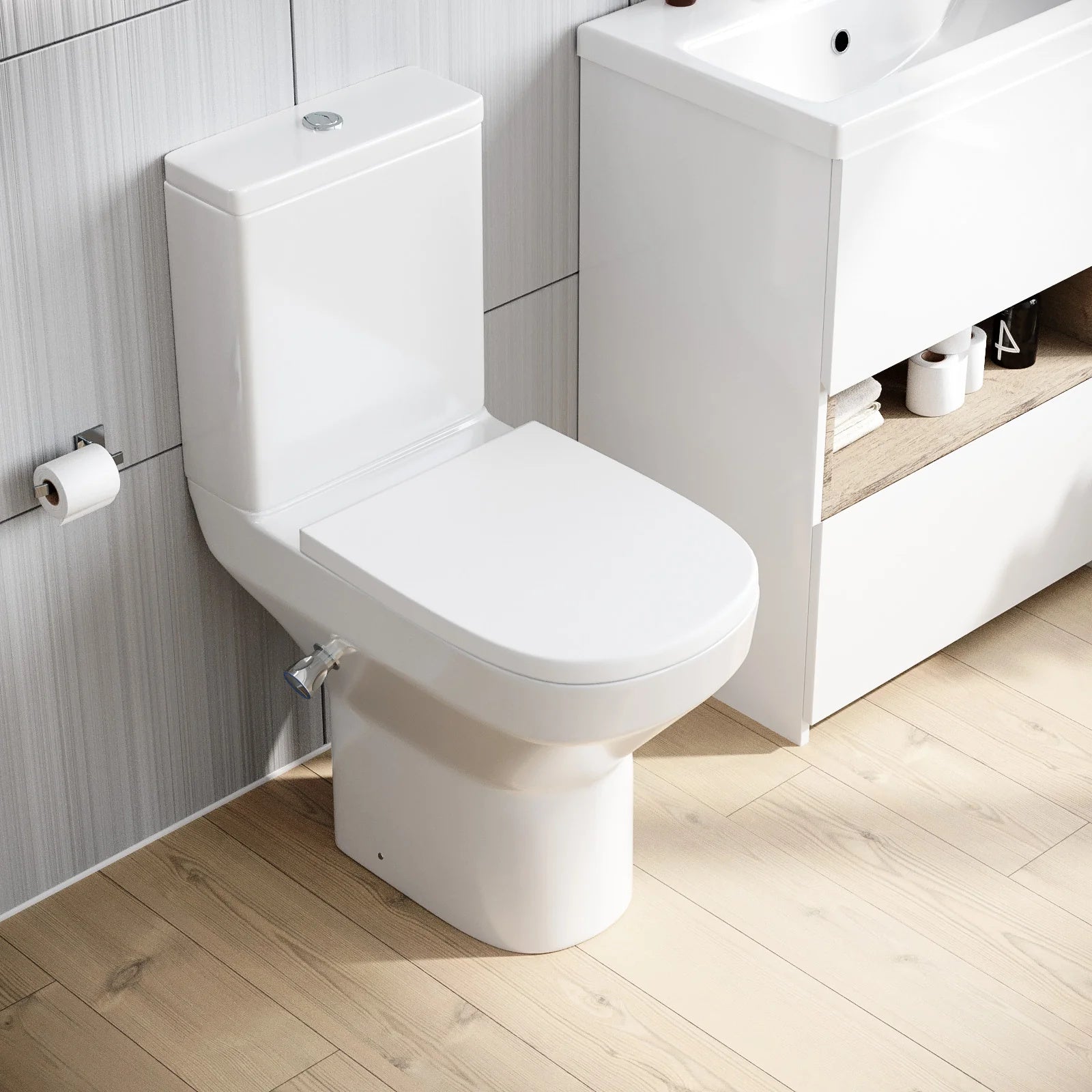 Rimless Comfort Height Close Coupled Toilet With Integrated Bidet Valve