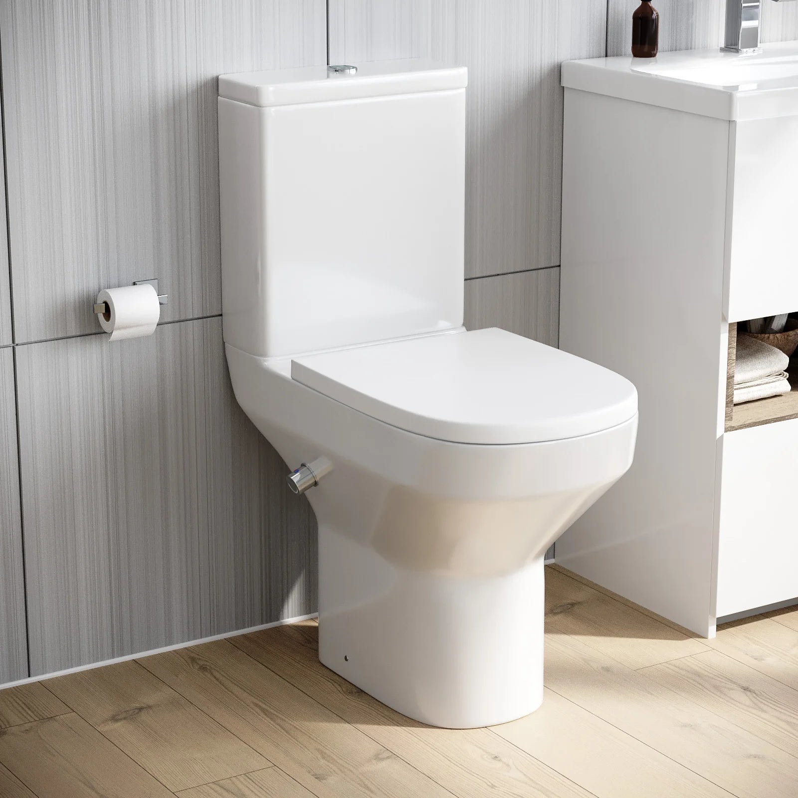 Rimless Comfort Height Close Coupled Toilet Pan With Integrated Hot Cold Bidet Valve