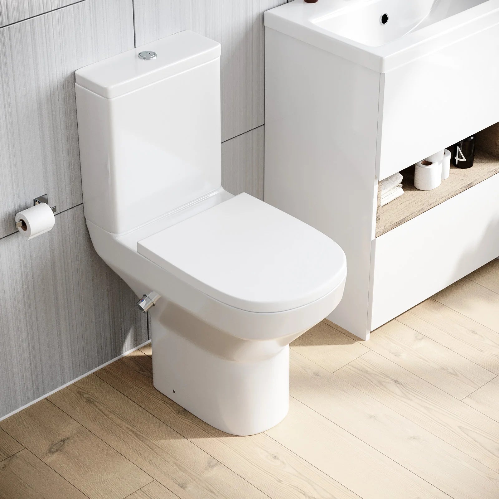Rimless Comfort Height Close Coupled Toilet Pan With Integrated Hot Cold Bidet Valve