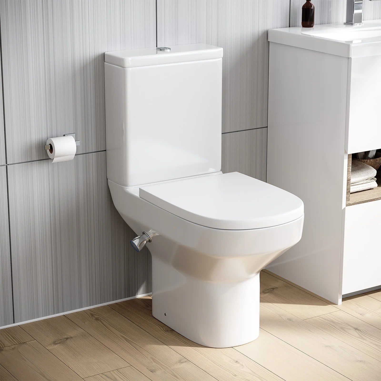 Rimless D Shape Close Coupled Toilet Pan with Integrated Bidet