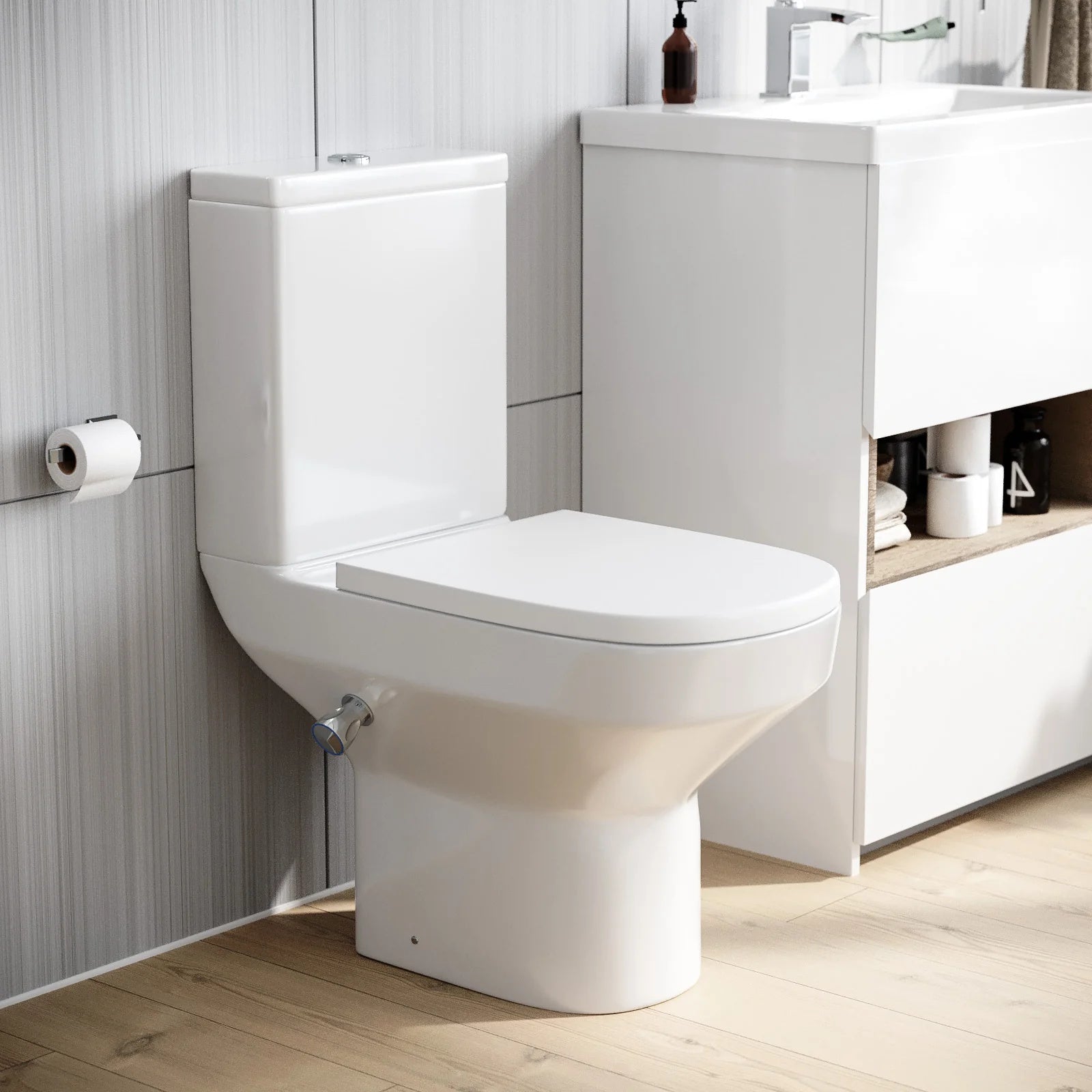 Rimless D Shape Close Coupled Toilet Pan with Integrated Bidet