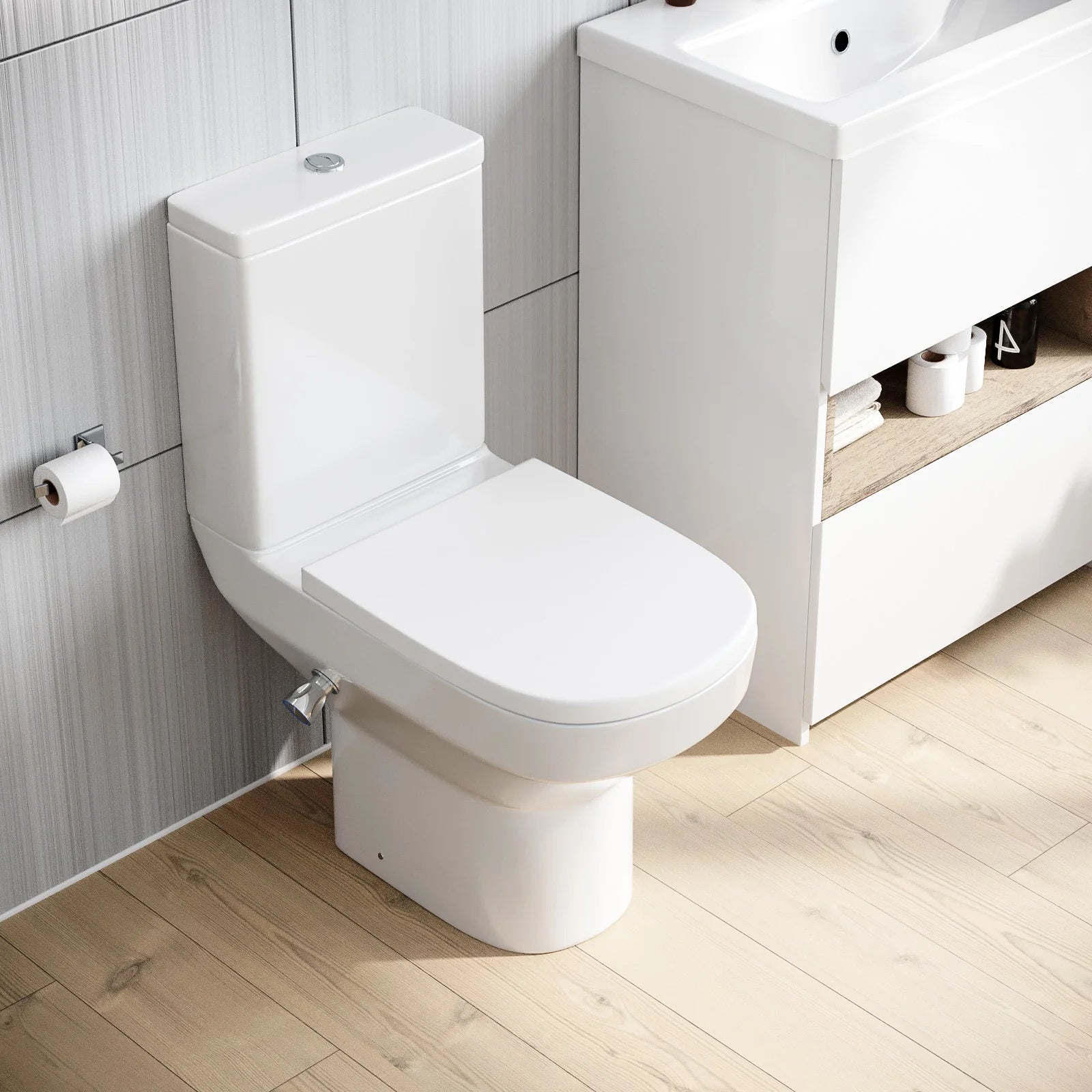 Rimless D Shape Close Coupled Toilet with Integrated Hot Cold Bidet
