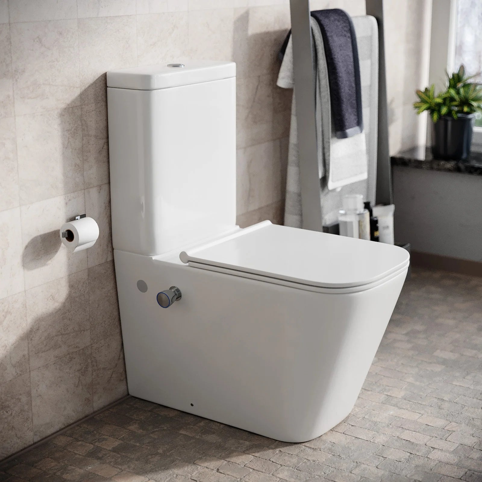 Rimless Square Close Coupled Toilet Pan with Integrated Hot Cold Bidet