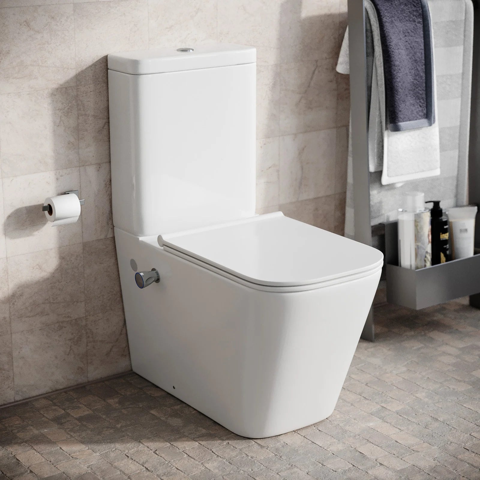 Rimless Square Close Coupled Toilet Pan with Integrated Hot Cold Bidet