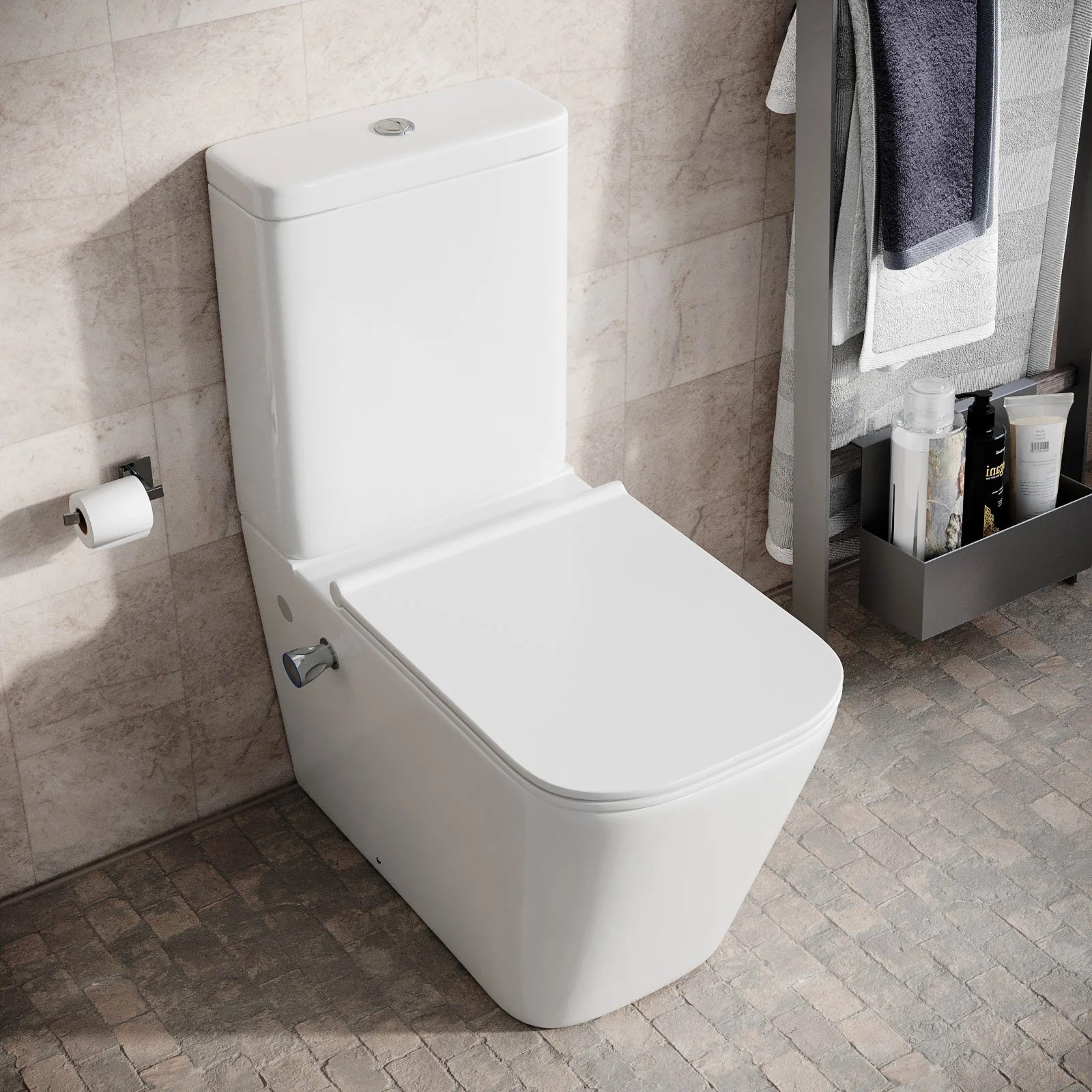 Rimless Square Close Coupled Toilet Pan with Integrated Hot Cold Bidet