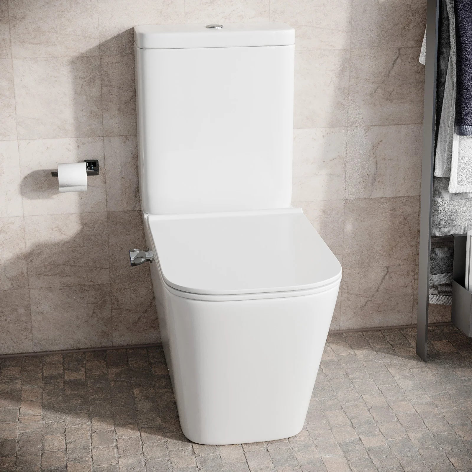Rimless Square Close Coupled Toilet Pan with Integrated Hot Cold Bidet