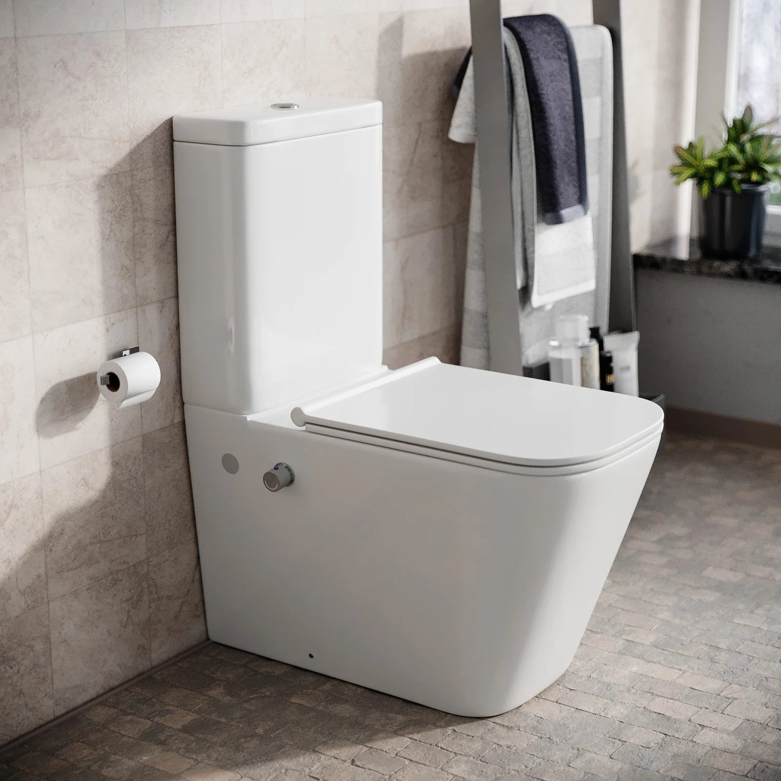 Rimless Square Close Coupled Toilet with Integrated Bidet