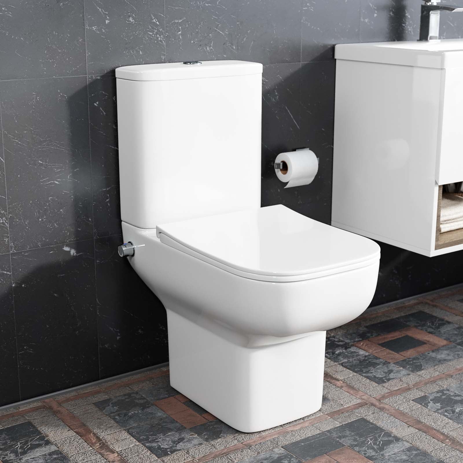 Rimless Square Close Coupled Toilet Pan with Integrated Bidet