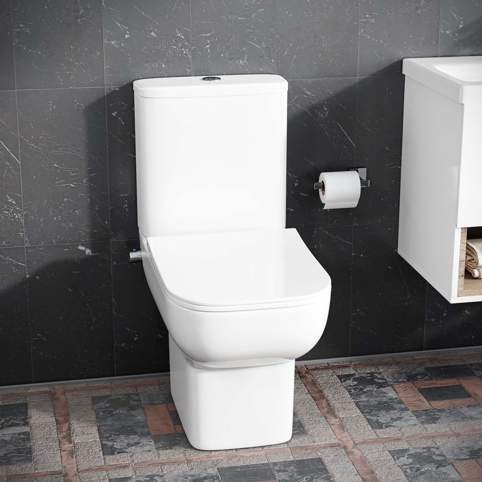 Rimless Square Close Coupled Toilet Pan with Integrated Bidet