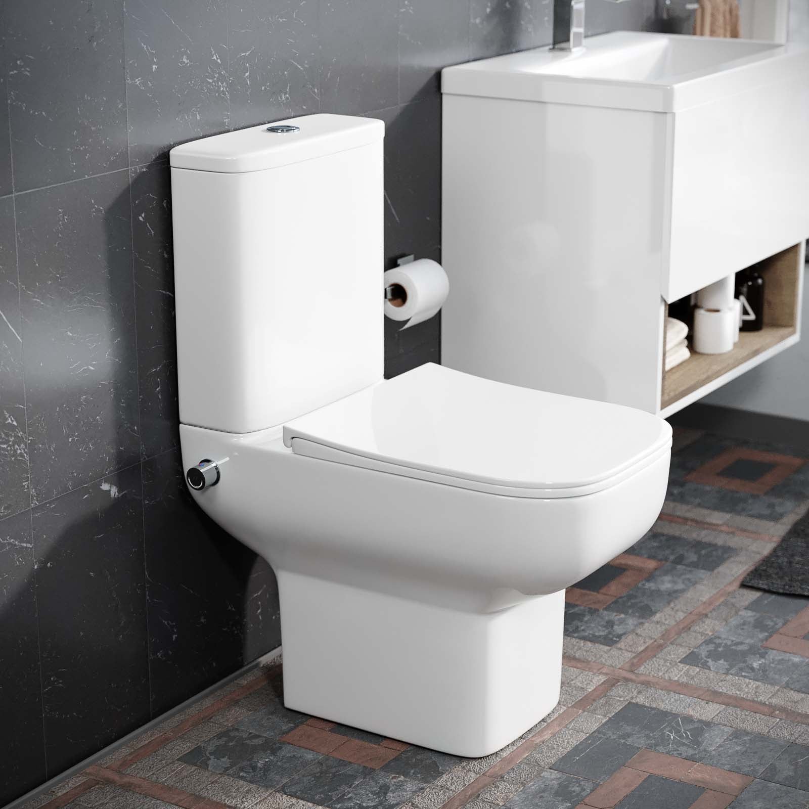 Rimless Square Close Coupled Toilet Pan with Integrated Bidet