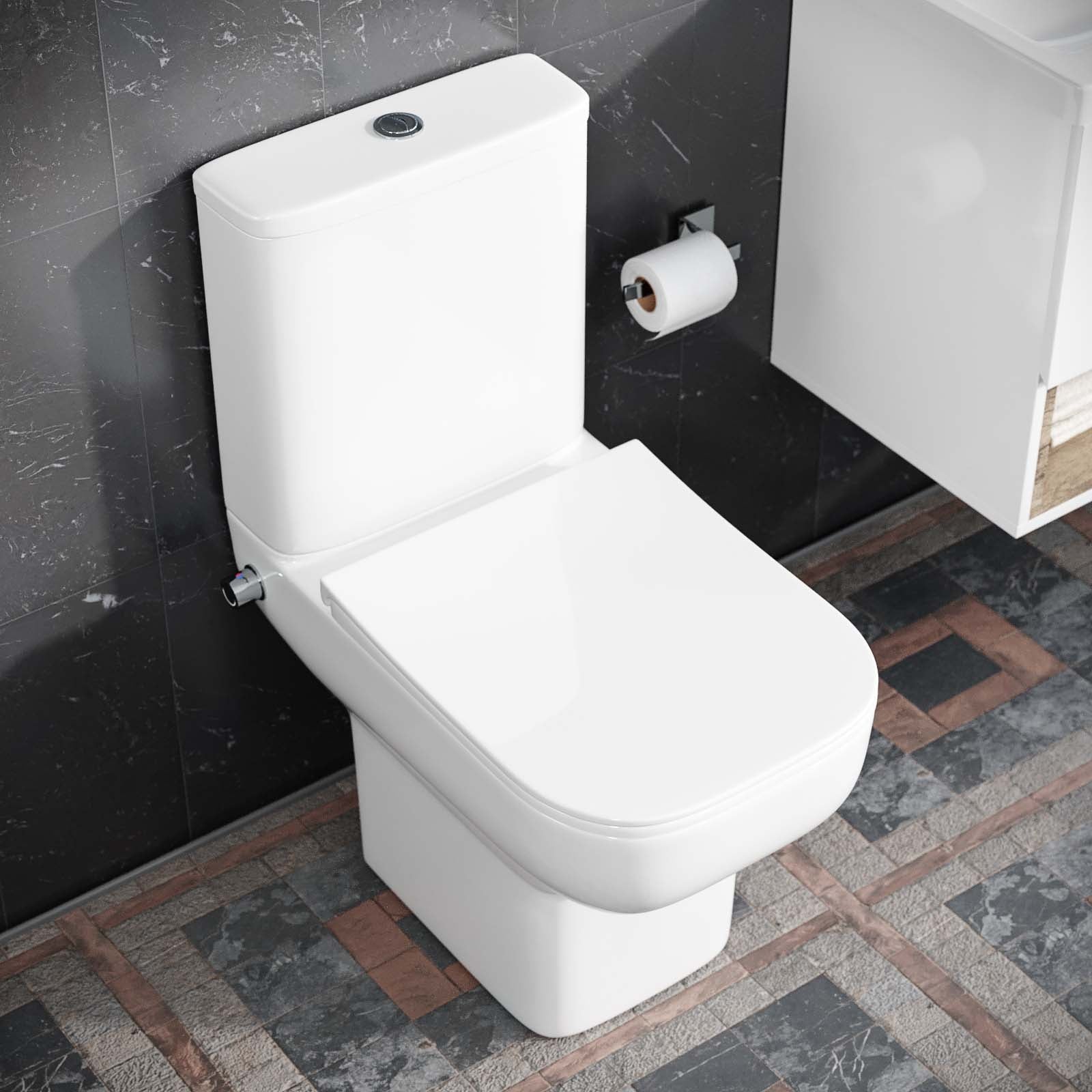 Rimless Square Close Coupled Toilet Pan with Integrated Bidet