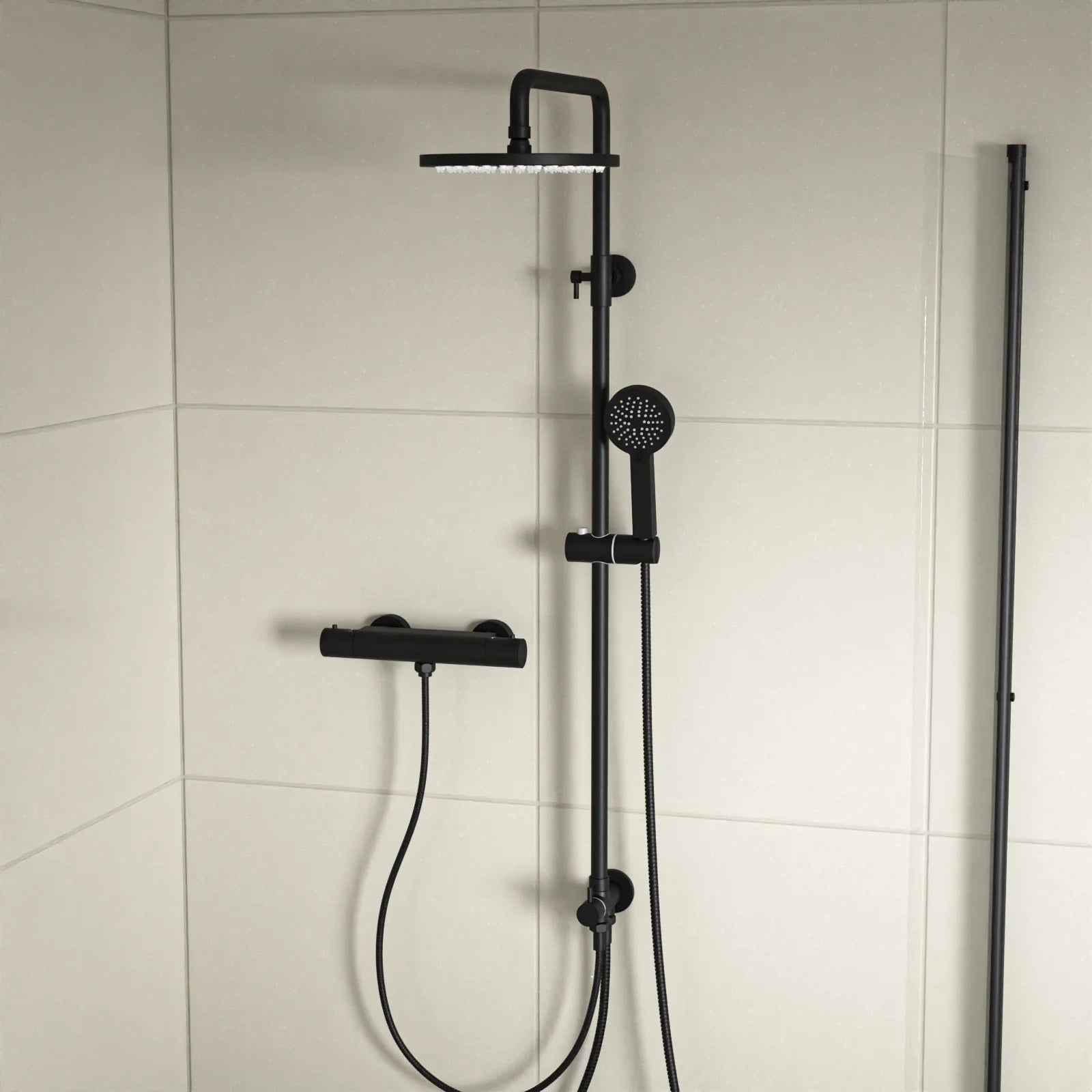 Round Exposed Shower With Handset & Thermostatic Bar Valve - Matte Black