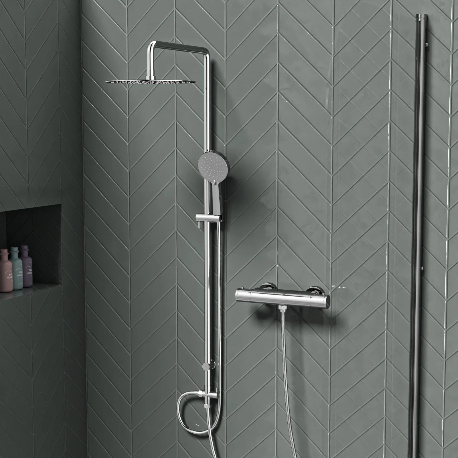 Round Overhead & Hand Shower With Thermostatic Bar Valve Single Outlet - Chrome