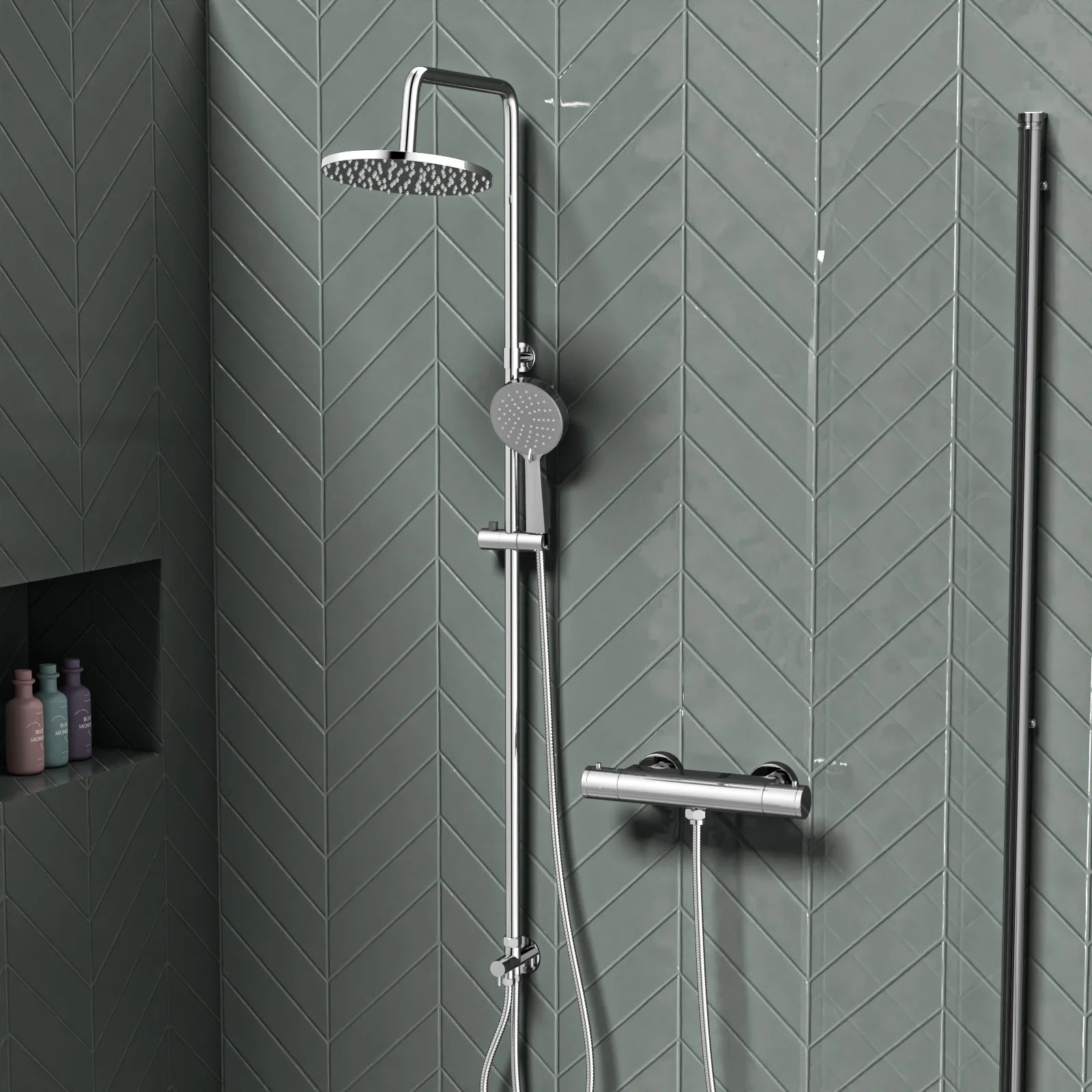 Round Overhead & Hand Shower With Thermostatic Bar Valve Single Outlet - Chrome