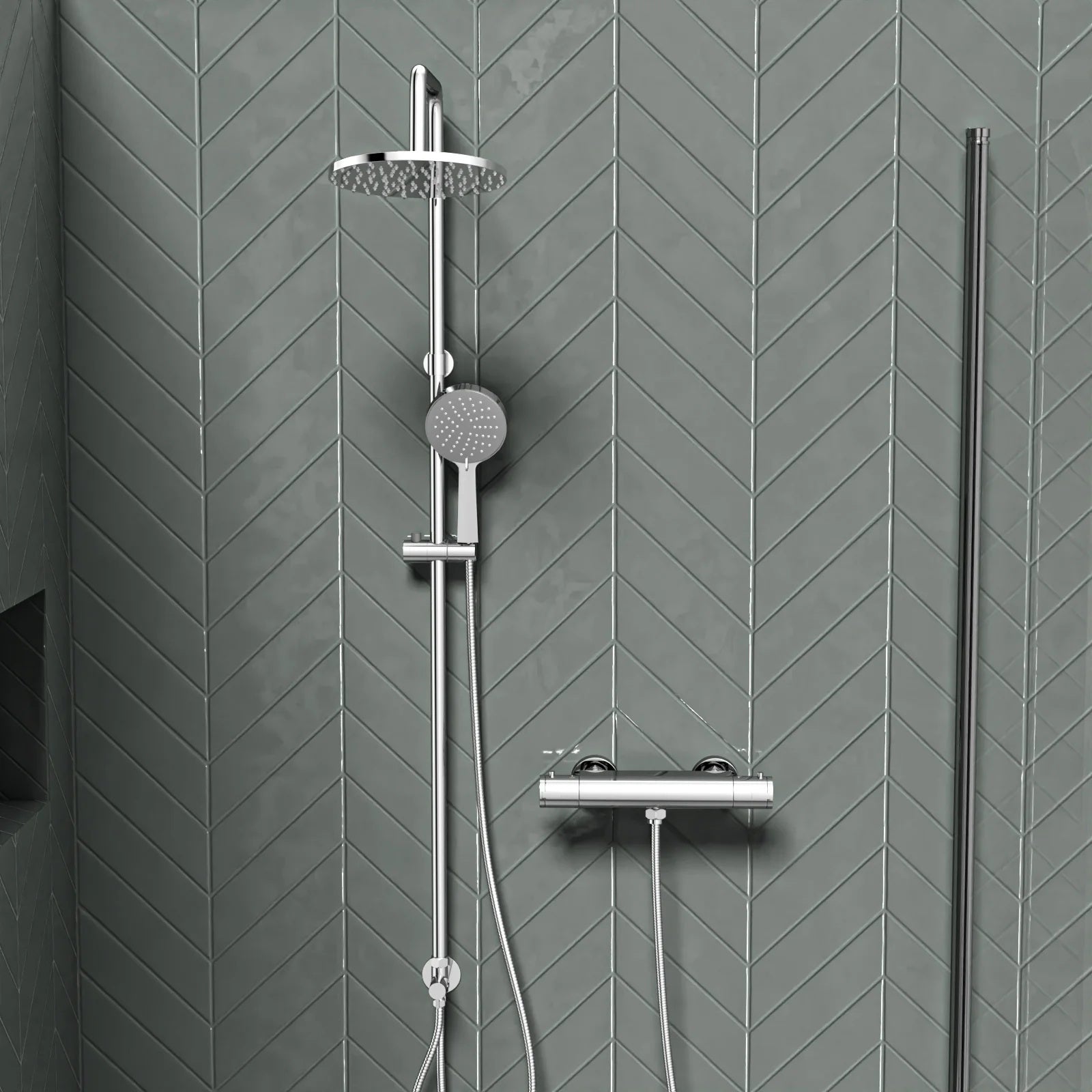 Round Overhead & Hand Shower With Thermostatic Bar Valve Single Outlet - Chrome