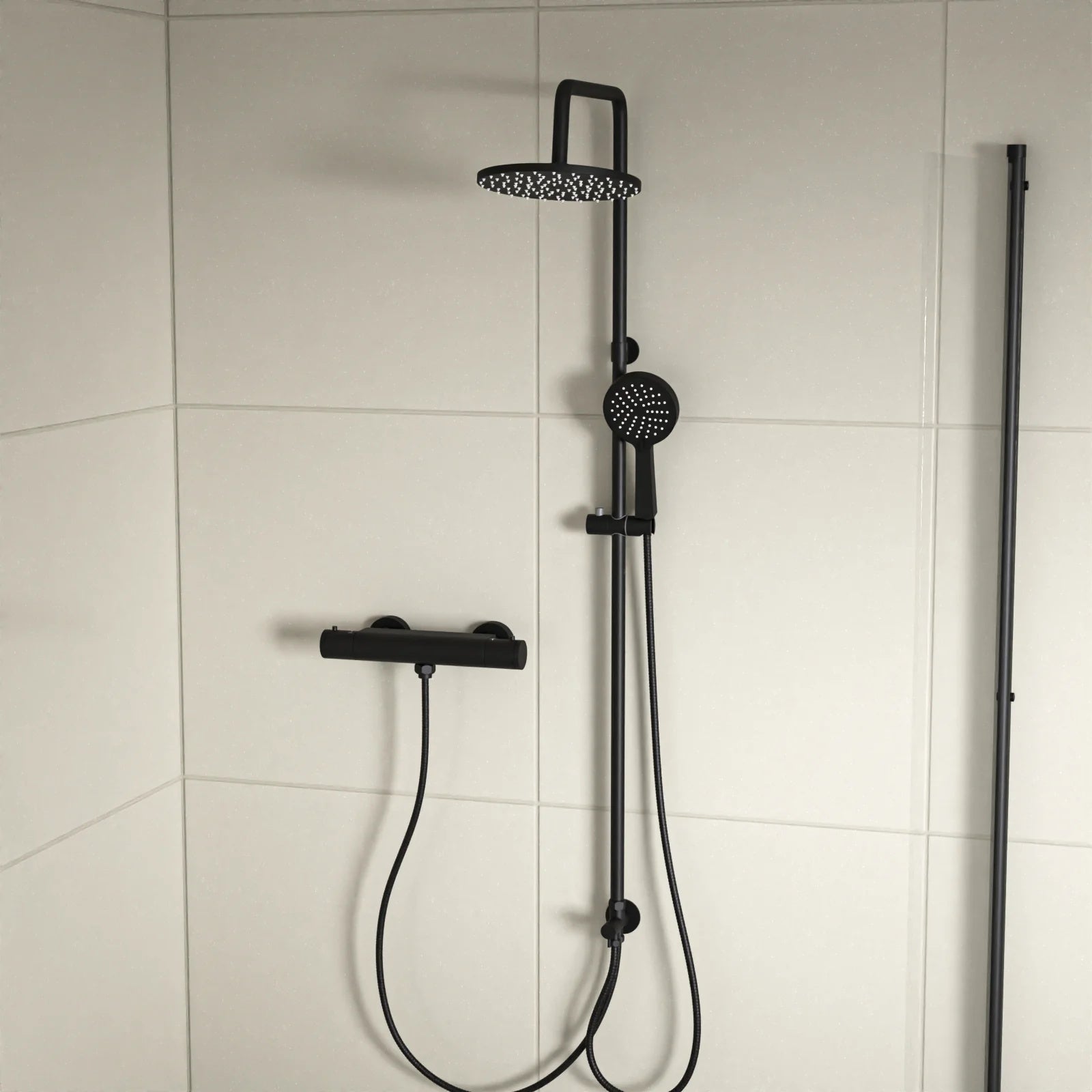 Round Shower Kit With Thermostatic Valve Single Outlet - Matte Black