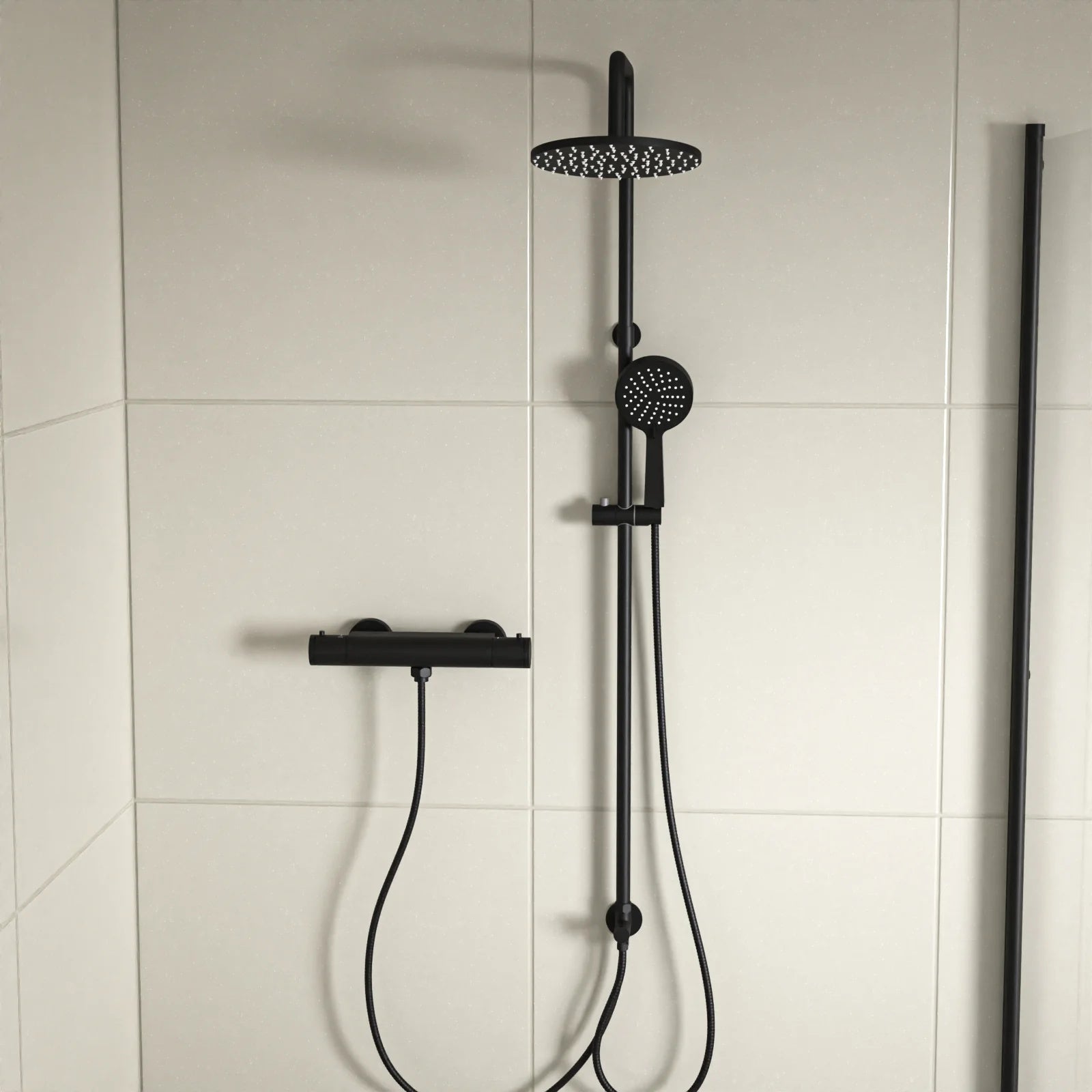 Round Shower Kit With Thermostatic Valve Single Outlet - Matte Black