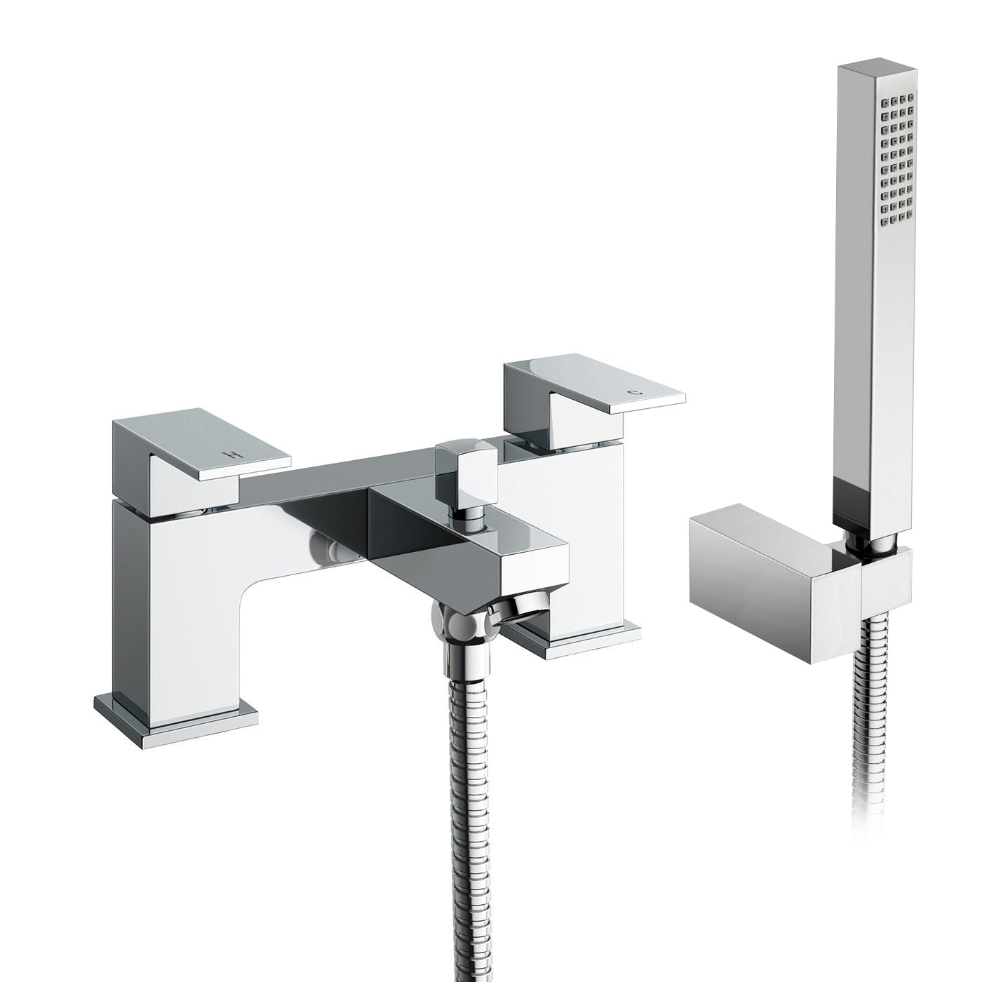 Modern Square Bridge Deck Mounted Bath Filler Tap With Shower Kit