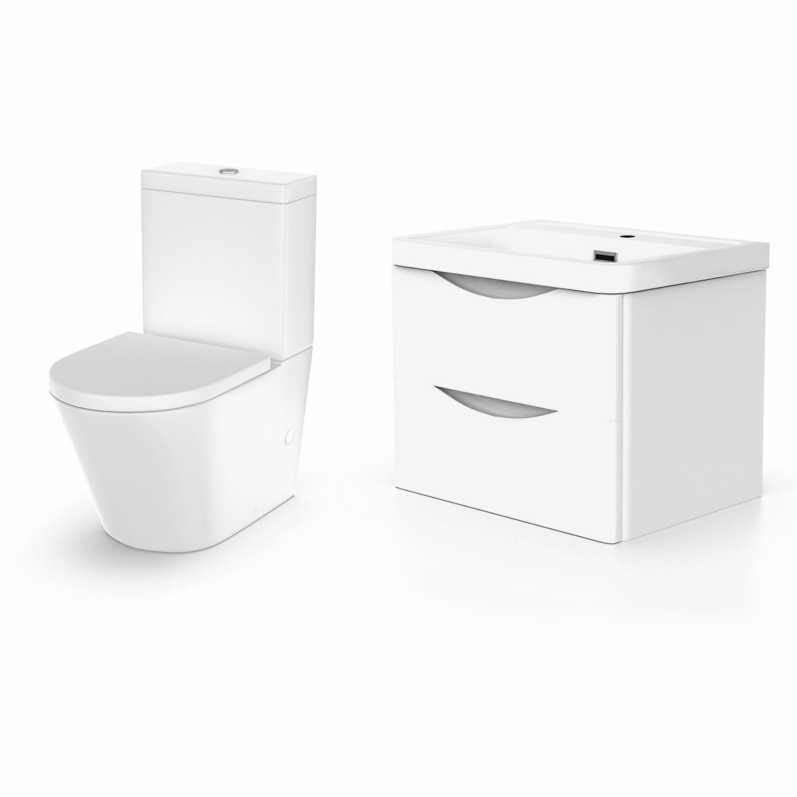 Merton Modern White Basin Vanity Wall Hung and Rimless Close Coupled Toilet