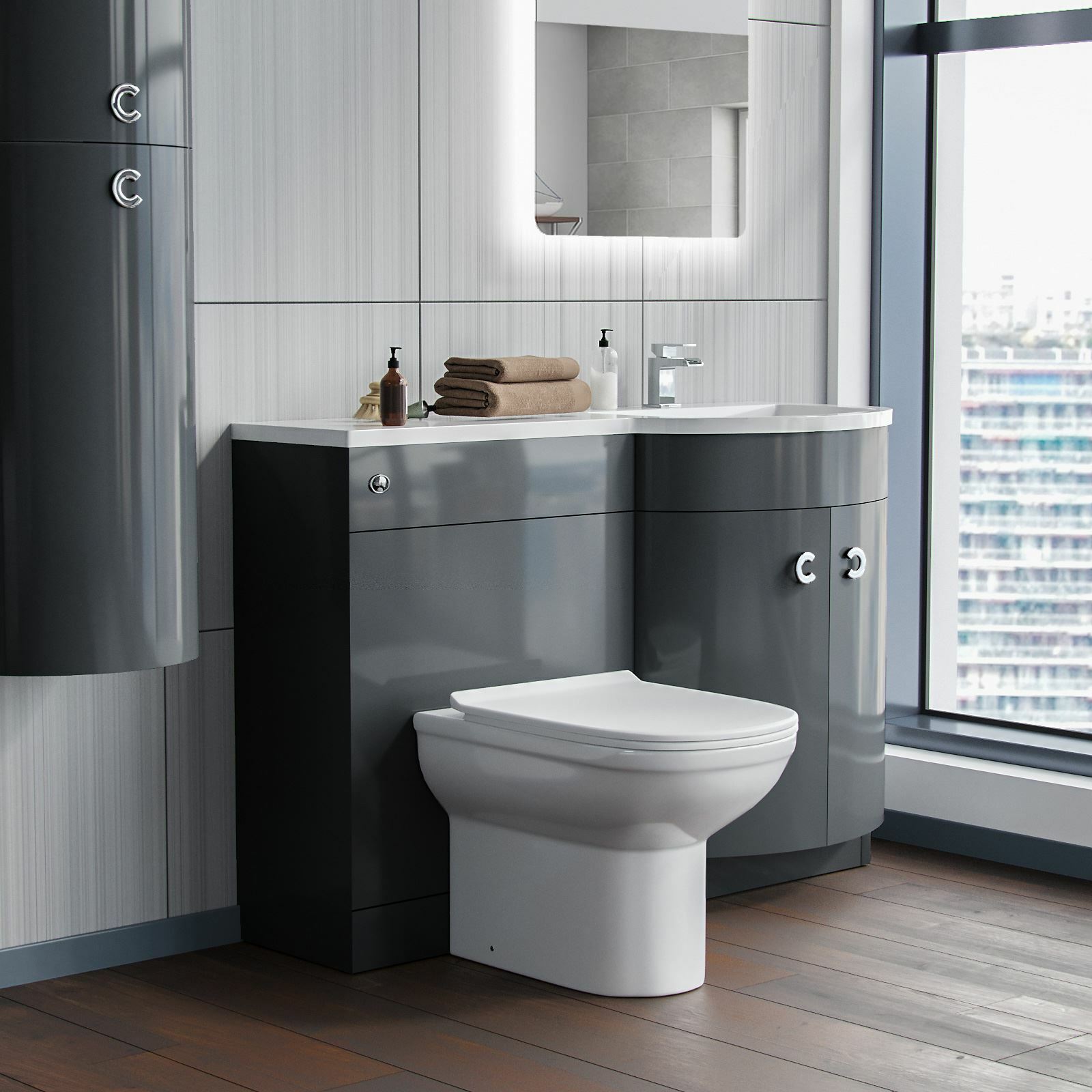 Dene RH 1100mm Vanity Basin Unit & Desone Back To Wall Toilet Grey