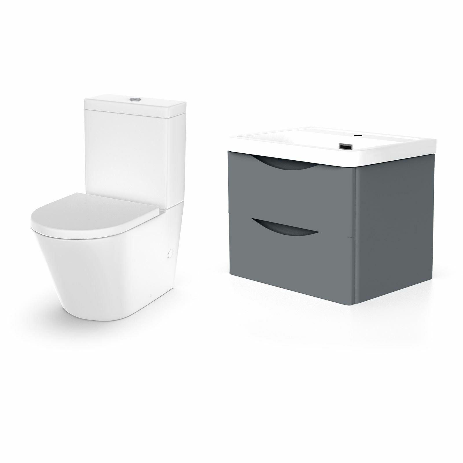 Merton Modern Grey Basin Vanity Wall Hung and Rimless Close Coupled Toilet