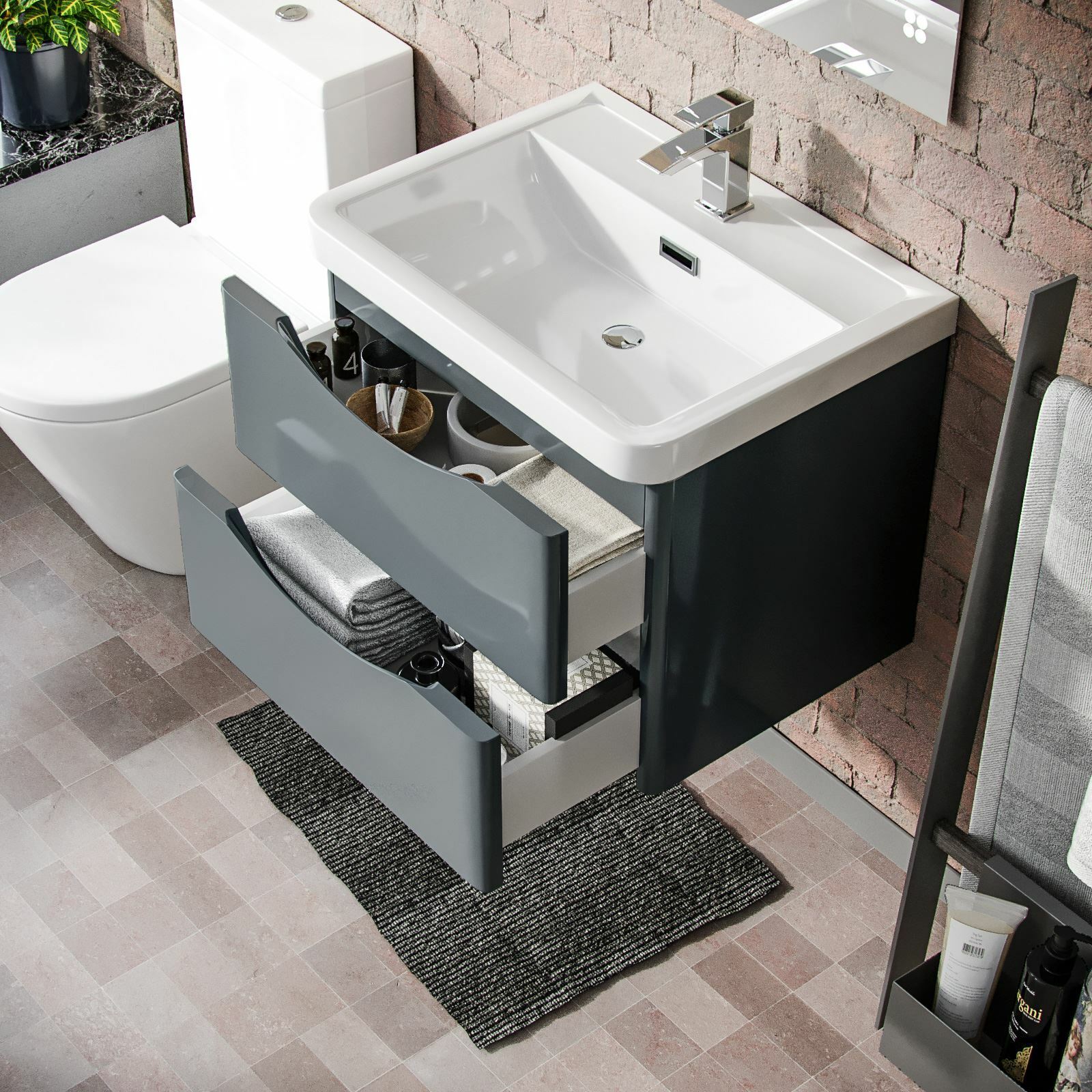 Merton Modern Grey Basin Vanity Wall Hung and Rimless Close Coupled Toilet