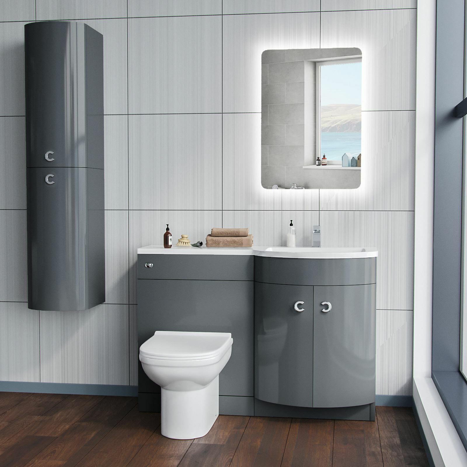 Dene RH 1100mm Vanity Basin Unit & Desone Back To Wall Toilet Grey
