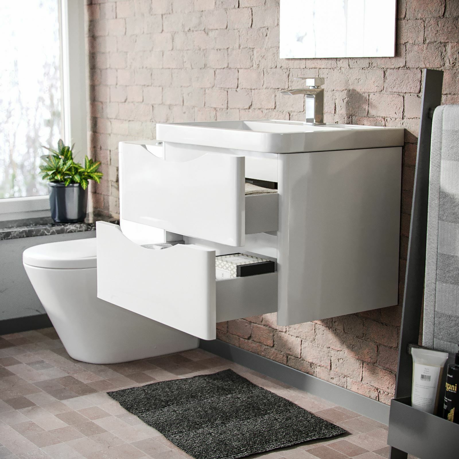 Merton Modern White Basin Vanity Wall Hung and Rimless Close Coupled Toilet
