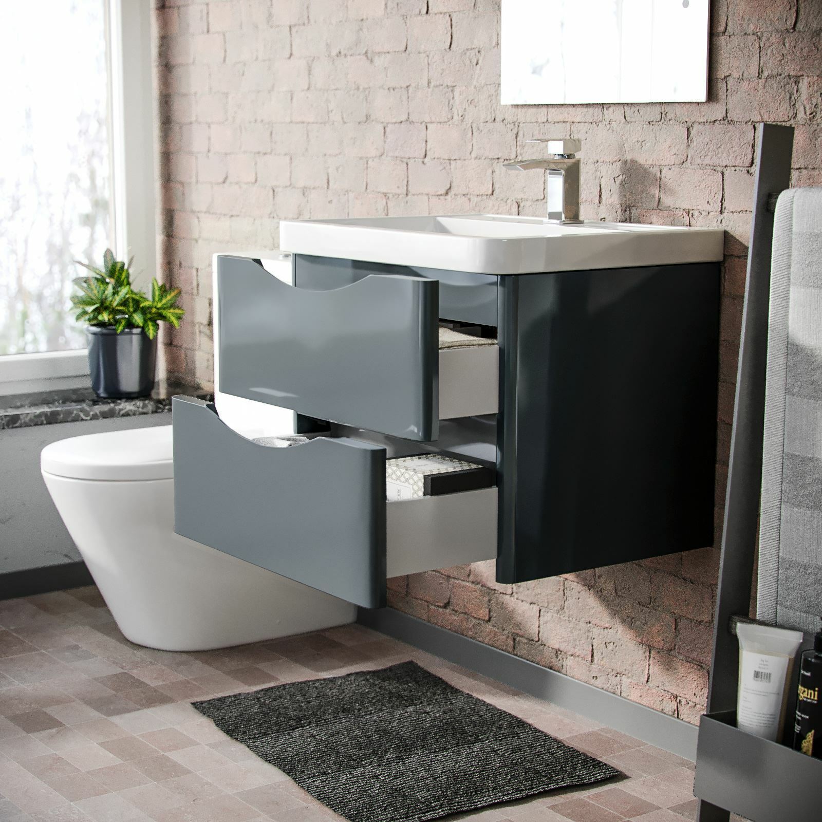 Merton Modern Grey Basin Vanity Wall Hung and Rimless Close Coupled Toilet